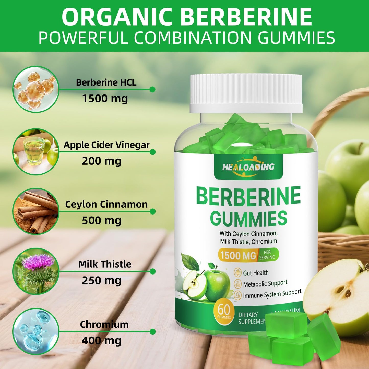 HEALOADING Berberine Gummies with Ceylon Cinnamon, Milk Thistle and Chromium for Metabolism & Gut Health, 60 Gummies