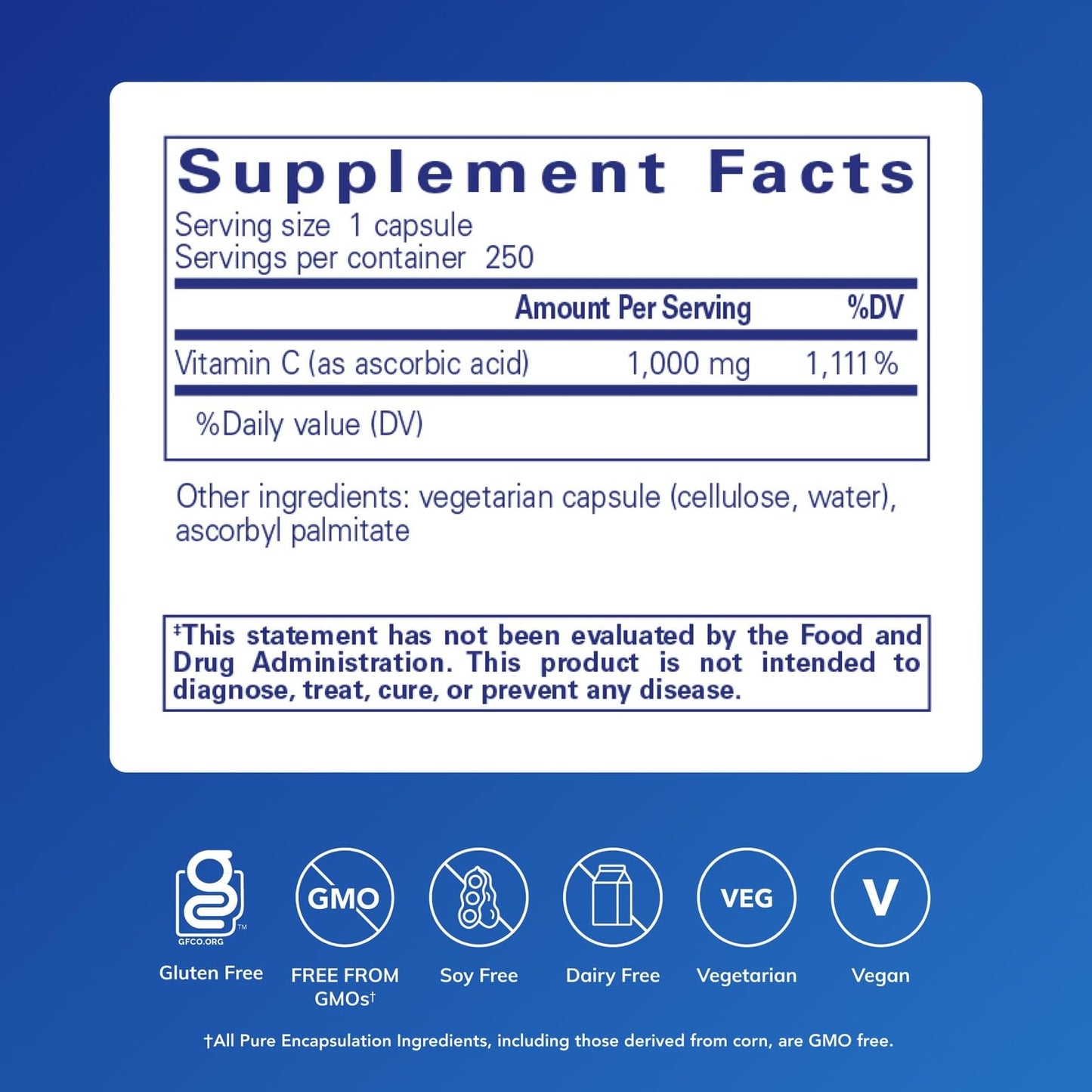 Pure Encapsulations Ascorbic Acid Capsules 1,000 mg Vitamin C - Antioxidant & Immune Support, High-Potency Vitamin C, Vegan & Non-GMO, 250 Capsules