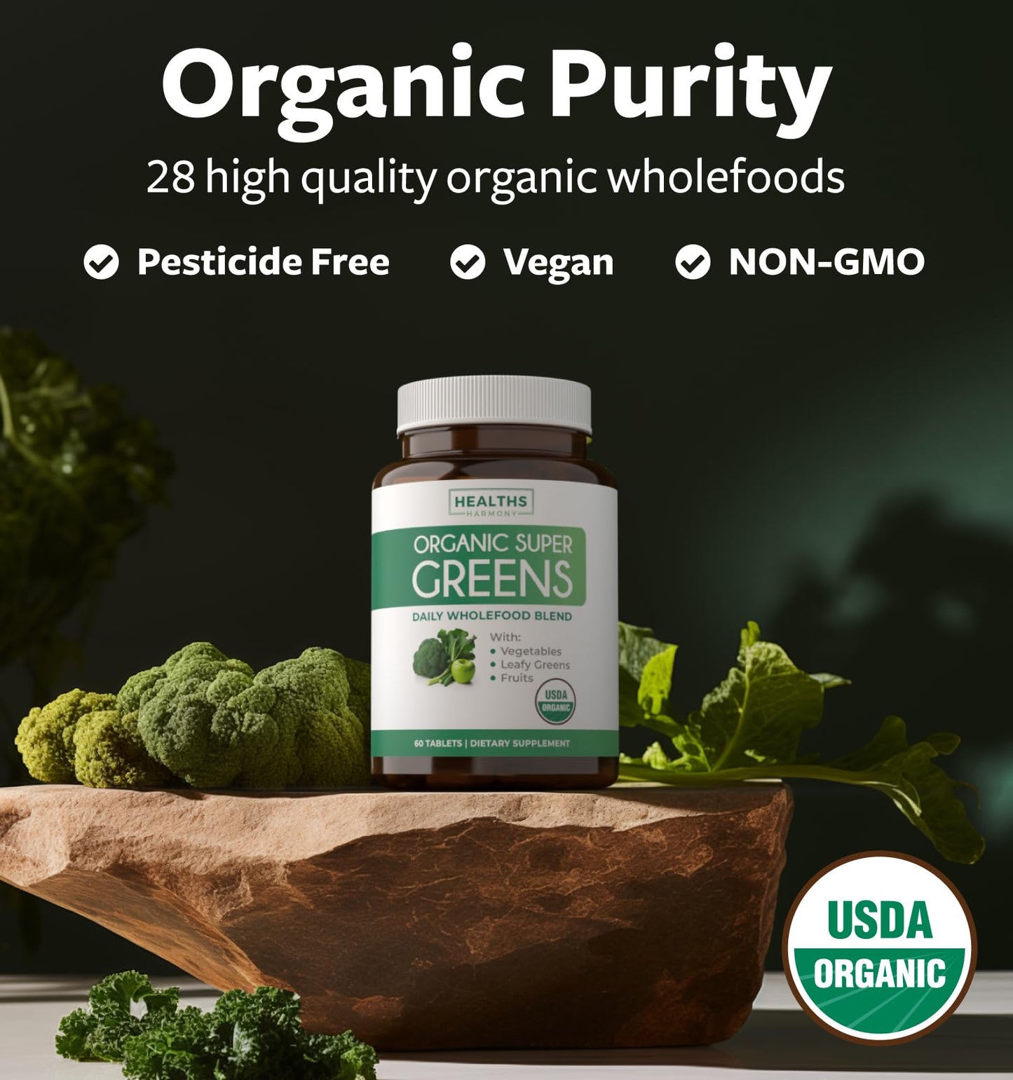 Healths Harmony USDA Organic Super Greens Supplement Tablet 60 Count