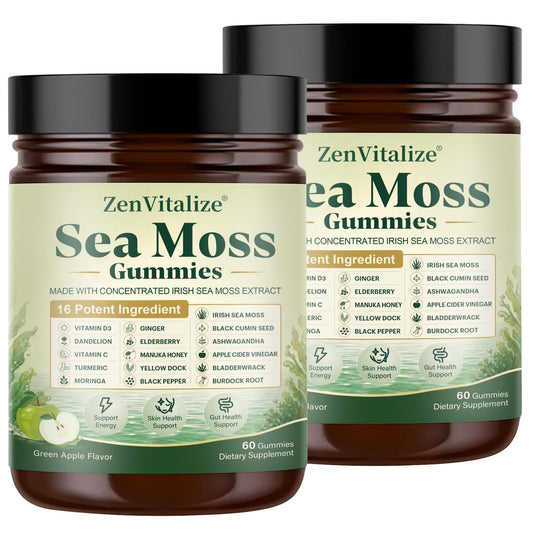 ZenVitalize Sea Moss Gummies 16-in-1, Irish Sea Moss Supplement for Women & Men with Black Seed Oil, Ashwagandha, Bladderwrack, Burdock Root, Elderberry, Vitamins C & D3, 60 Count（2 Bottles）