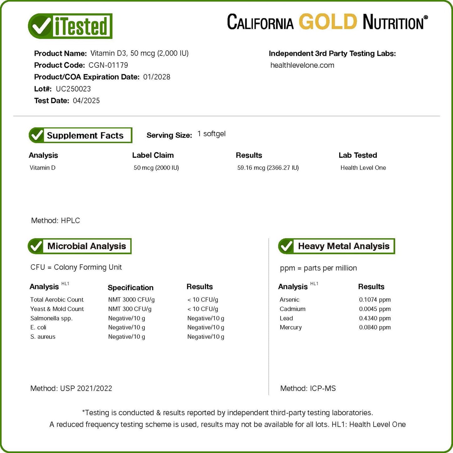 California Gold Nutrition Vitamin D3 50 mcg (2,000 IU) Softgel 1