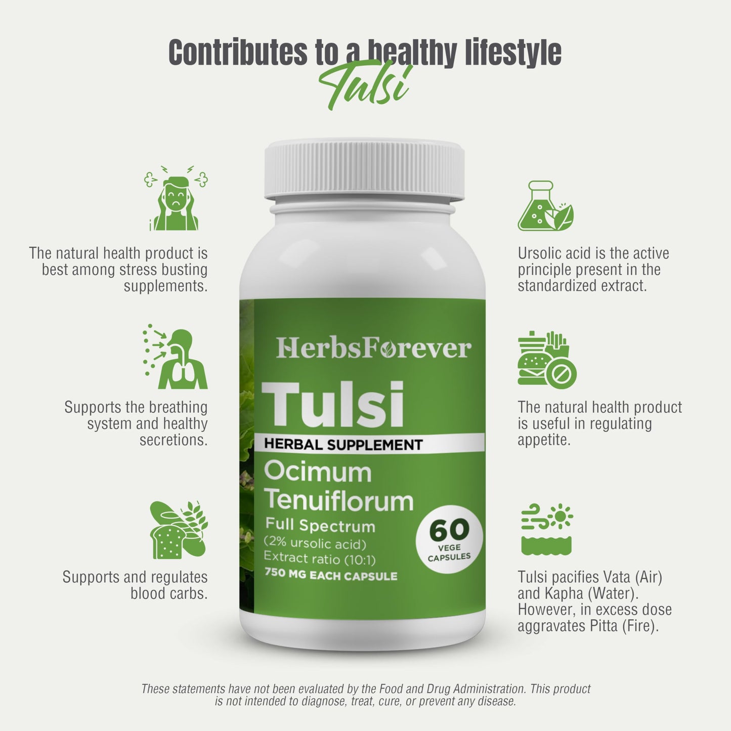 Herbsforever Tulsi Holy Basil Extra Strength 10:1 Extract, Equiv. to 2250mg Leaves Powder Per Serving, 60 Veg Capsules