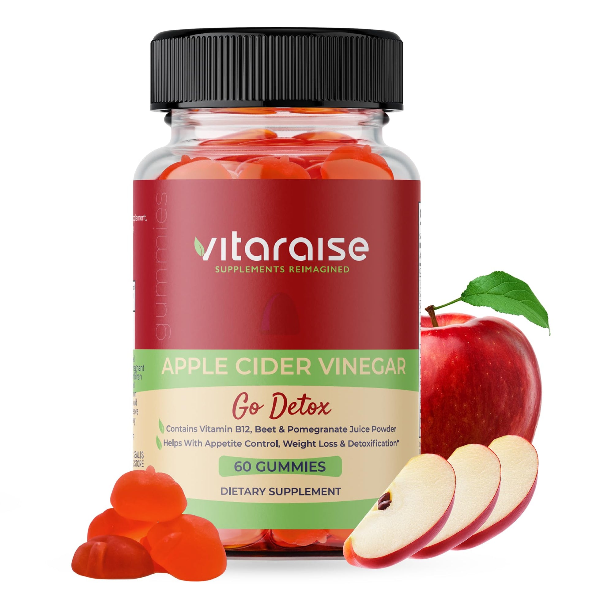 Vitaraise Apple Cider Vinegar Gummies with Mother, B9 & B12, ACV Weight Loss, 60 Gummies