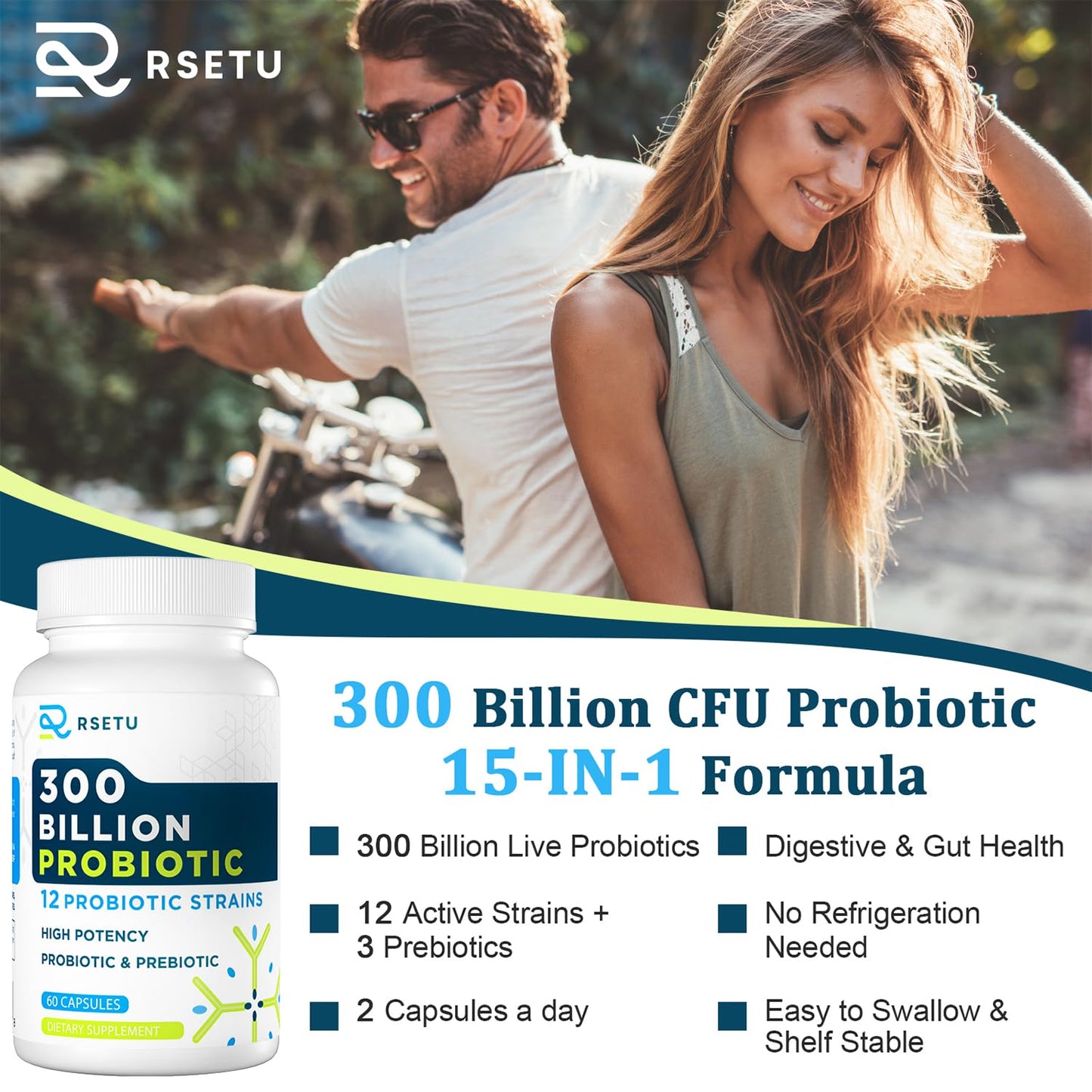 RSETU Probiotics for Women and Men Capsule, 60 Capsules, 300 Billion CFU High Potency + 12 Strains with Prebiotics