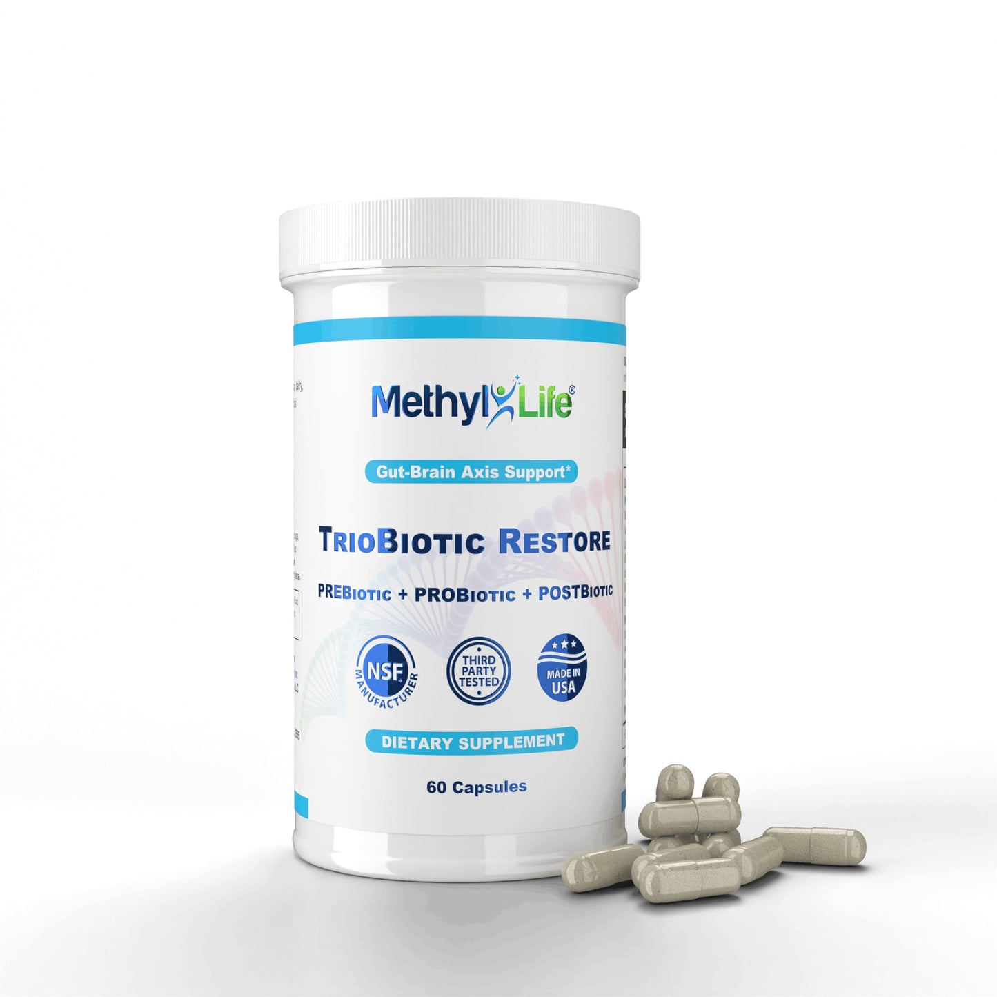 Methyl-Life TrioBiotic Restore – Full-Spectrum Microbiome Support with Probiotics, Prebiotics & Postbiotics – 30 Billion CFU, Shelf-Stable, Gluten-Free, Vegan, Non-GMO 60 Capsules
