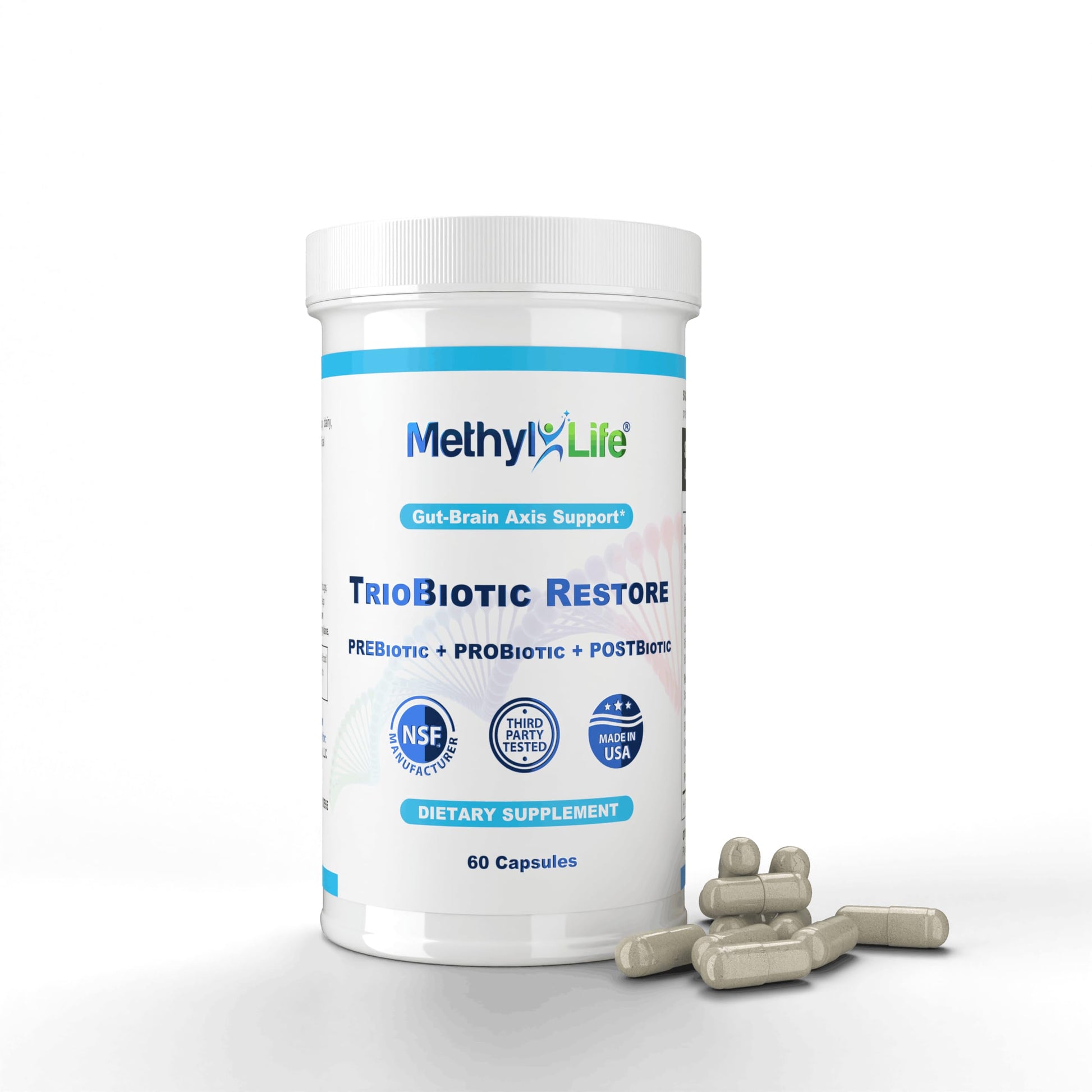 Methyl-Life TrioBiotic Restore – Full-Spectrum Microbiome Support with Probiotics, Prebiotics & Postbiotics – 30 Billion CFU, Shelf-Stable, Gluten-Free, Vegan, Non-GMO 60 Capsules