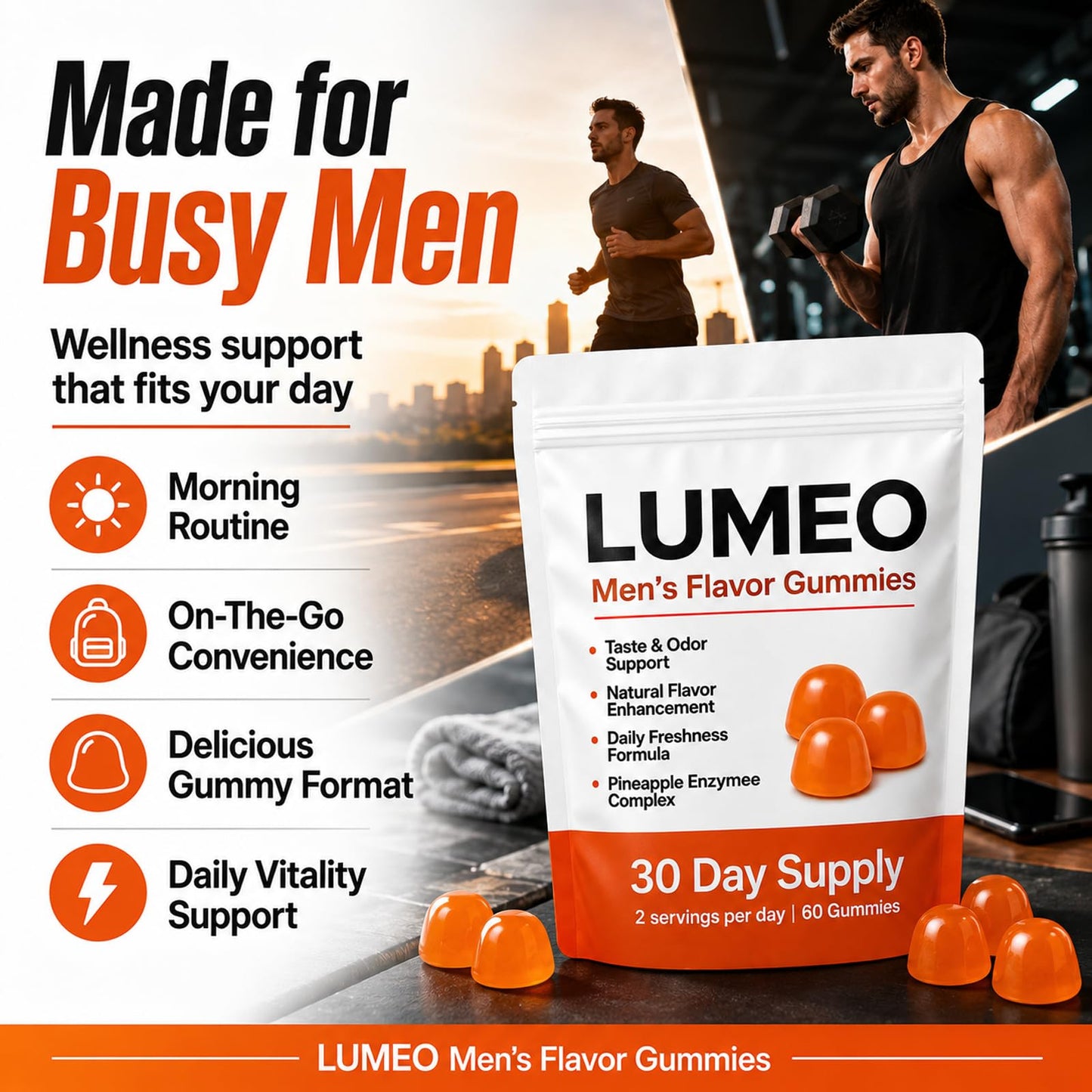 KWEZTY Lumeo Men's Flavor Gummies with Bromelain and Vitamin C, Energy & Vitality Support, 60 Gummies