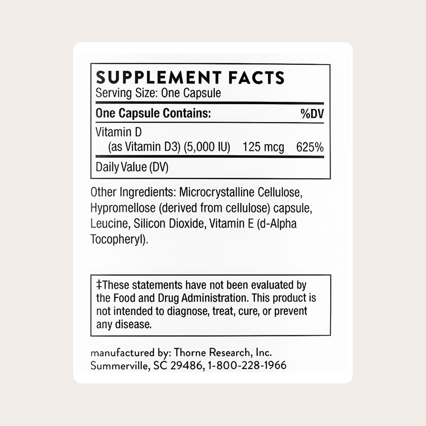 THORNE Vitamin D-5,000, Vitamin D3 Supplement Capsule, 120 Capsules