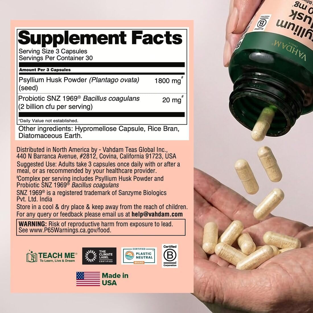 VAHDAM Psyllium Husk Capsules 1800 mg with Probiotics (2 Billion CFU) | Supports Digestion & Gut Health, 90 Veggie Capsules
