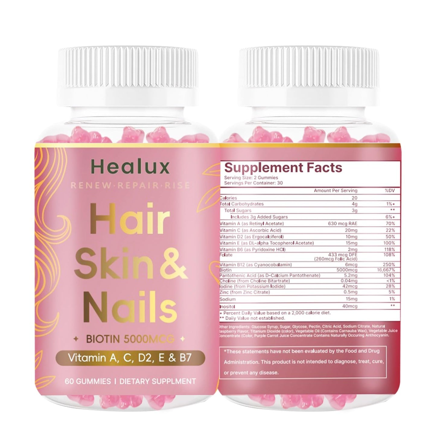 Healux Hair Skin and Nails Biotin Gummies 5000 mcg, 60 Gummies