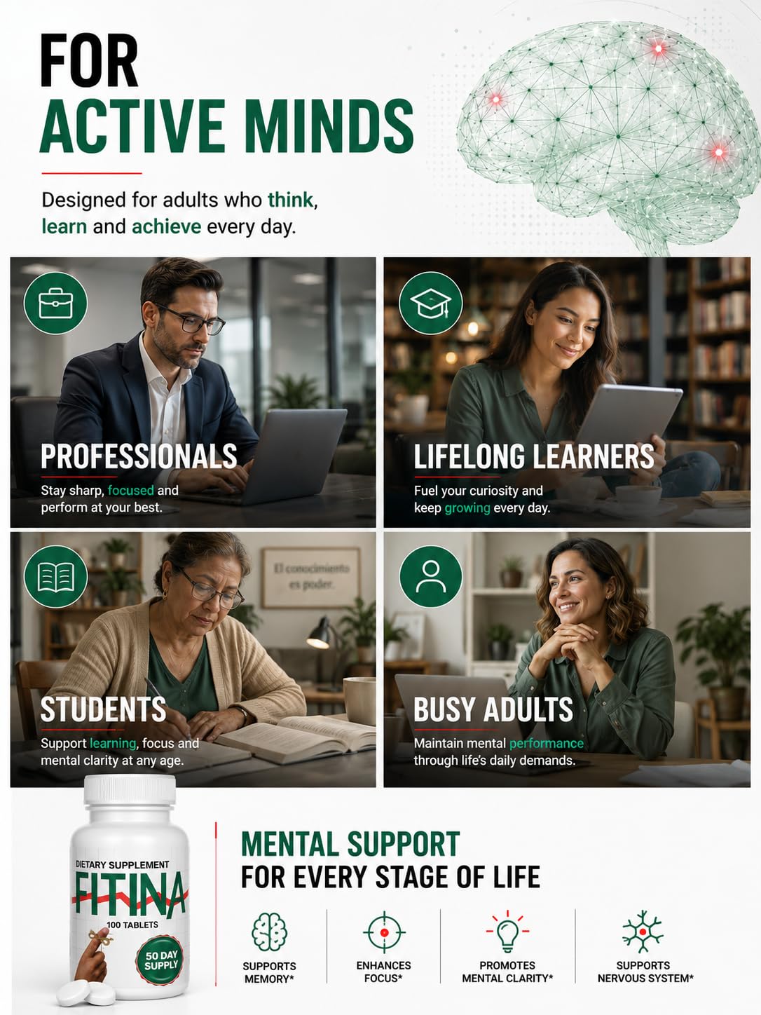 Fitina Brain Supplement with Vitamin B6 & Thiamine for Memory, Focus and Cognitive Support Capsule 100