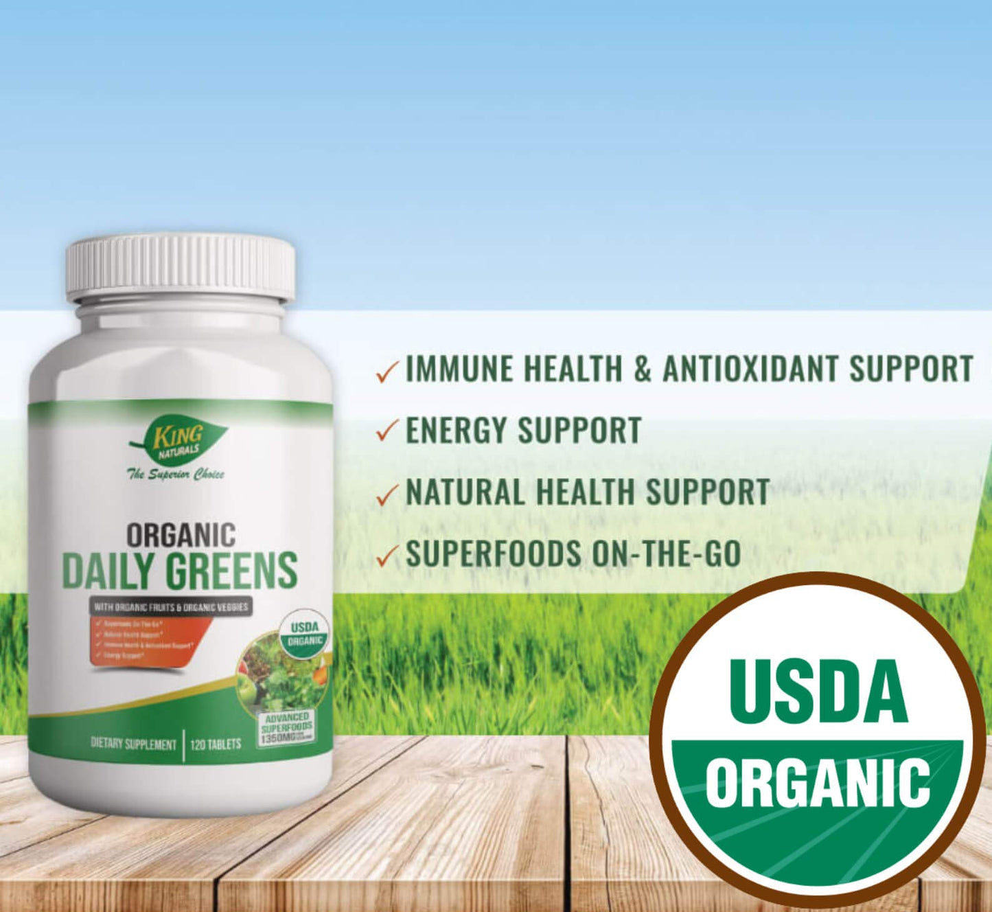King Naturals Organic Daily Greens with Organic Fruits & Veggies Tablets, 120 Count