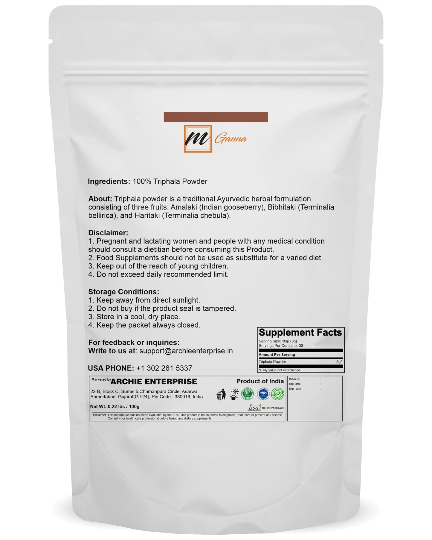 mGanna 100% Natural Triphala Powder for Skin Care, 8.01 Ounce