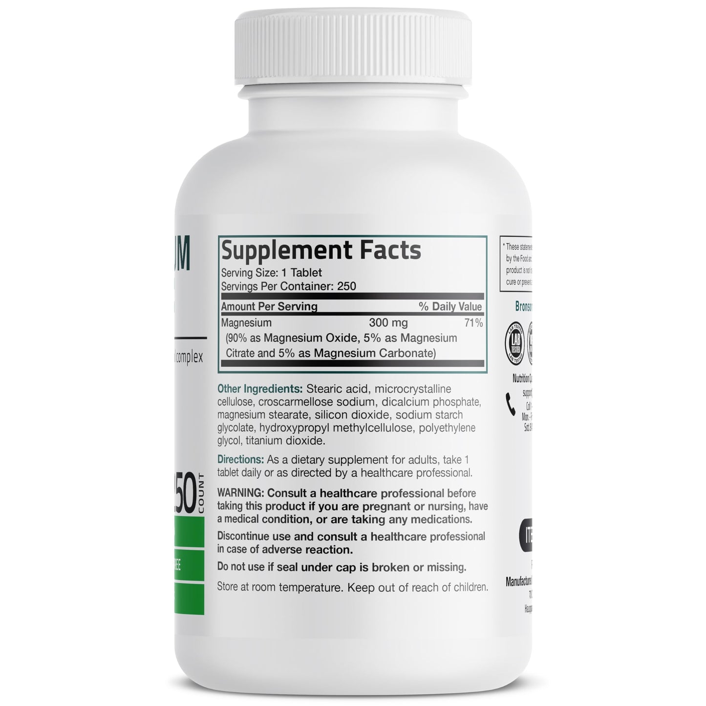 Bronson Triple Magnesium Complex Maximum Coverage 300mg - Non-GMO Formula Tablets 250