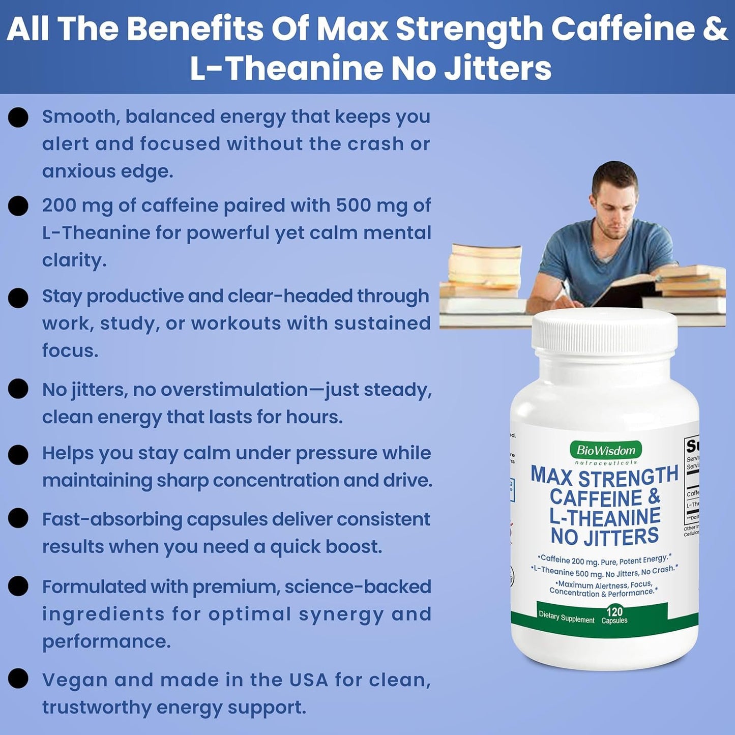 BioWisdom Nutraceuticals Max Strength Caffeine L-Theanine Capsules 240 Count