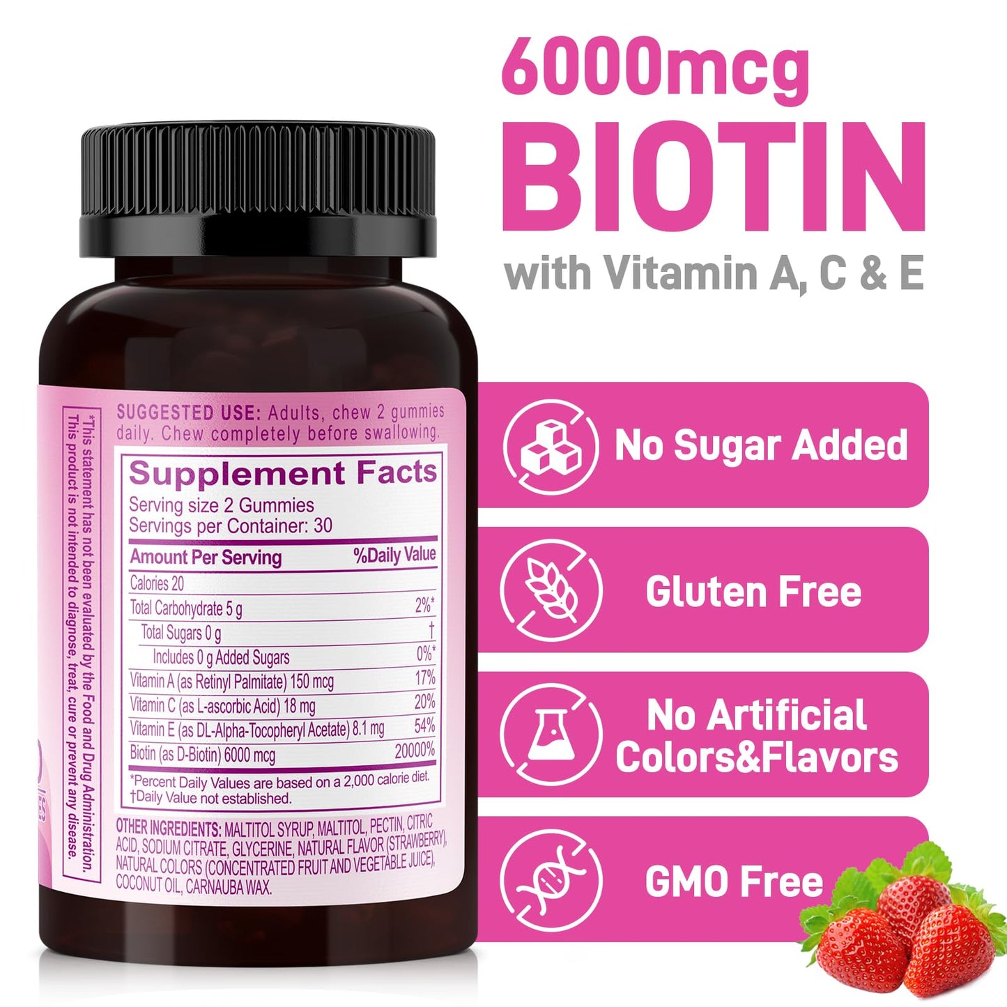 Biobor Biotin Gummies 6000mcg No Sugar Added, Hair Skin & Nails, 60 Gummies