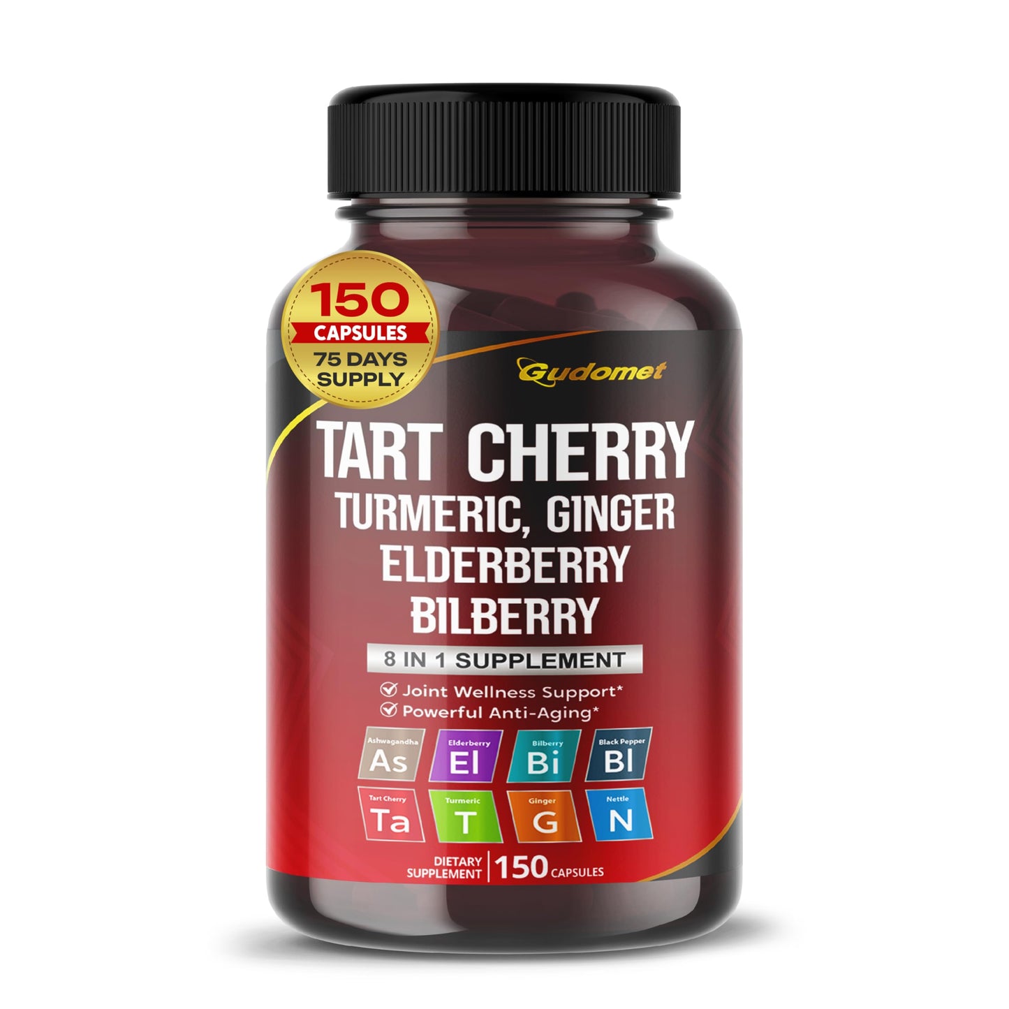 GUDOMET Tart Cherry Turmeric Ginger Stinging Ashwagandha Elderberry Bilberry Black Pepper Capsules 150 Capsules