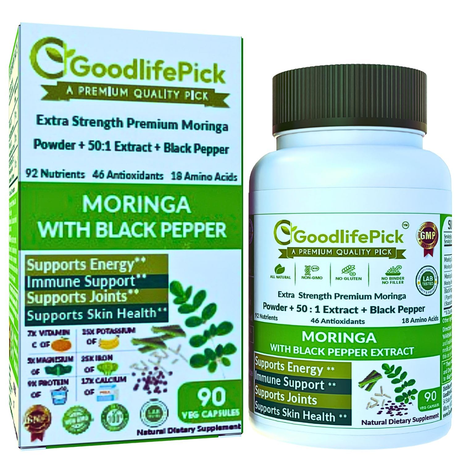GoodlifePick Premium Moringa Capsules with Black Pepper, 90 Capsules