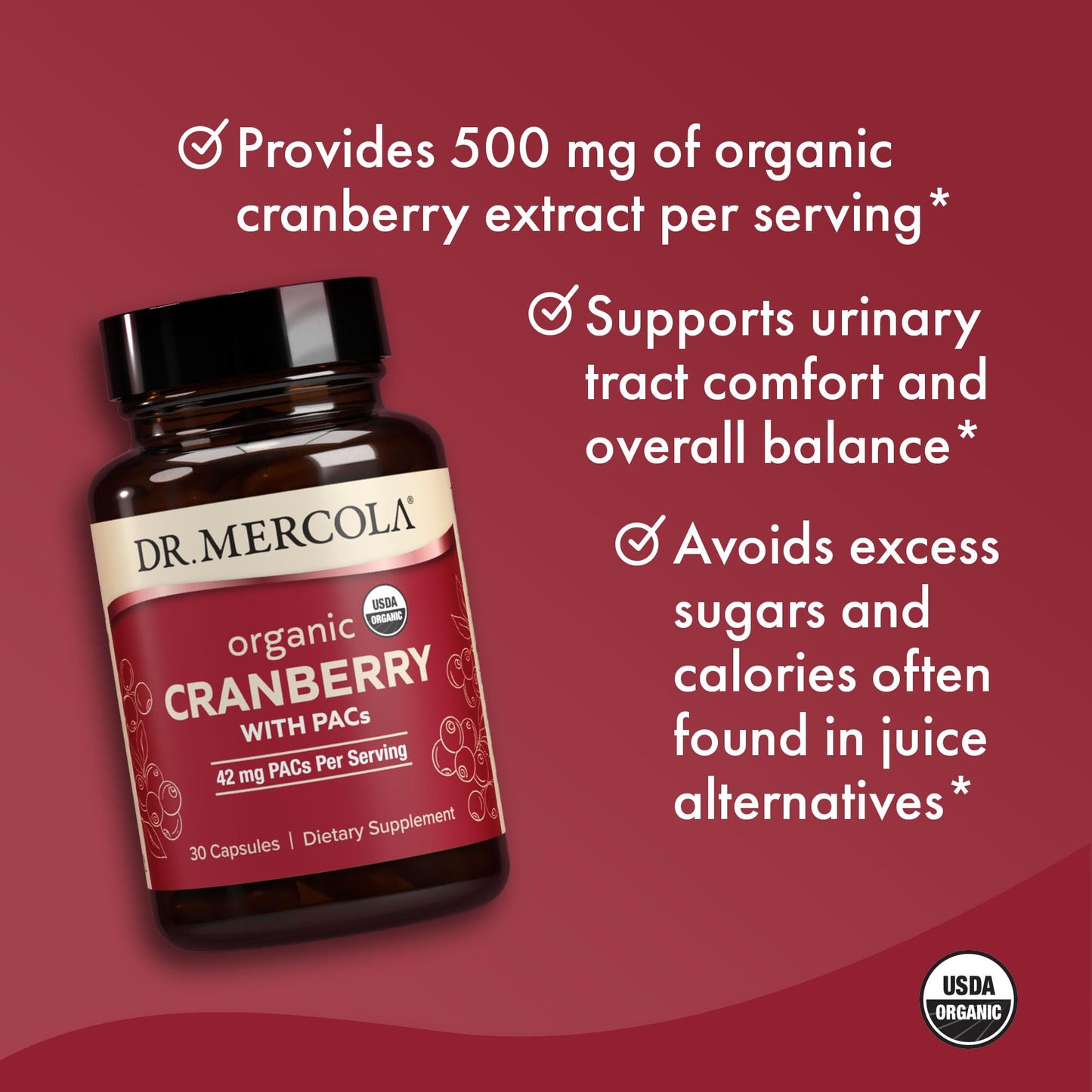 Dr. Mercola Organic Cranberry with PACs Capsules, 30 Count