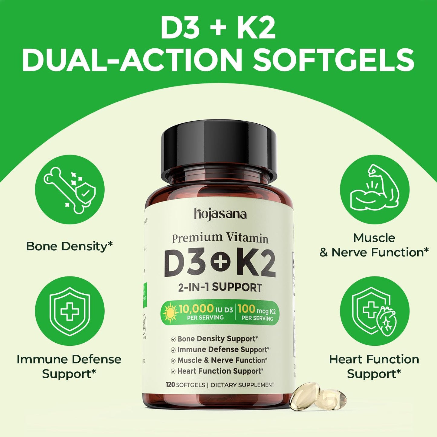 HojaSana Vitamin D3 K2 10000IU 100mcg MK-7, 2-in-1 K2 D3 Vitamin Extra Strength Softgel 120 Count