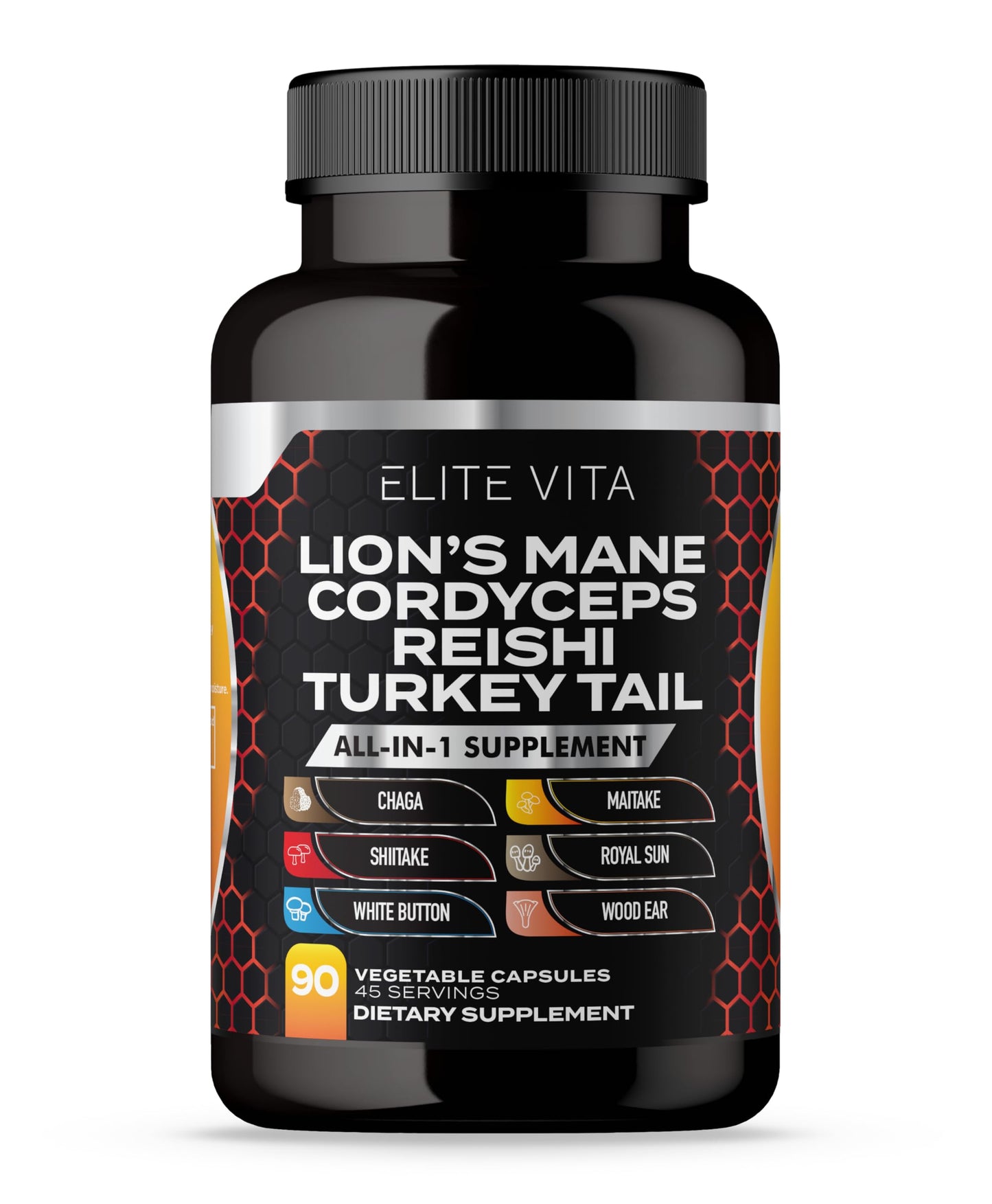 Elite Vita Nootropic Mushroom Supplement Lions Mane, Cordyceps, Reishi, Chaga Blend Capsules, 90 Count