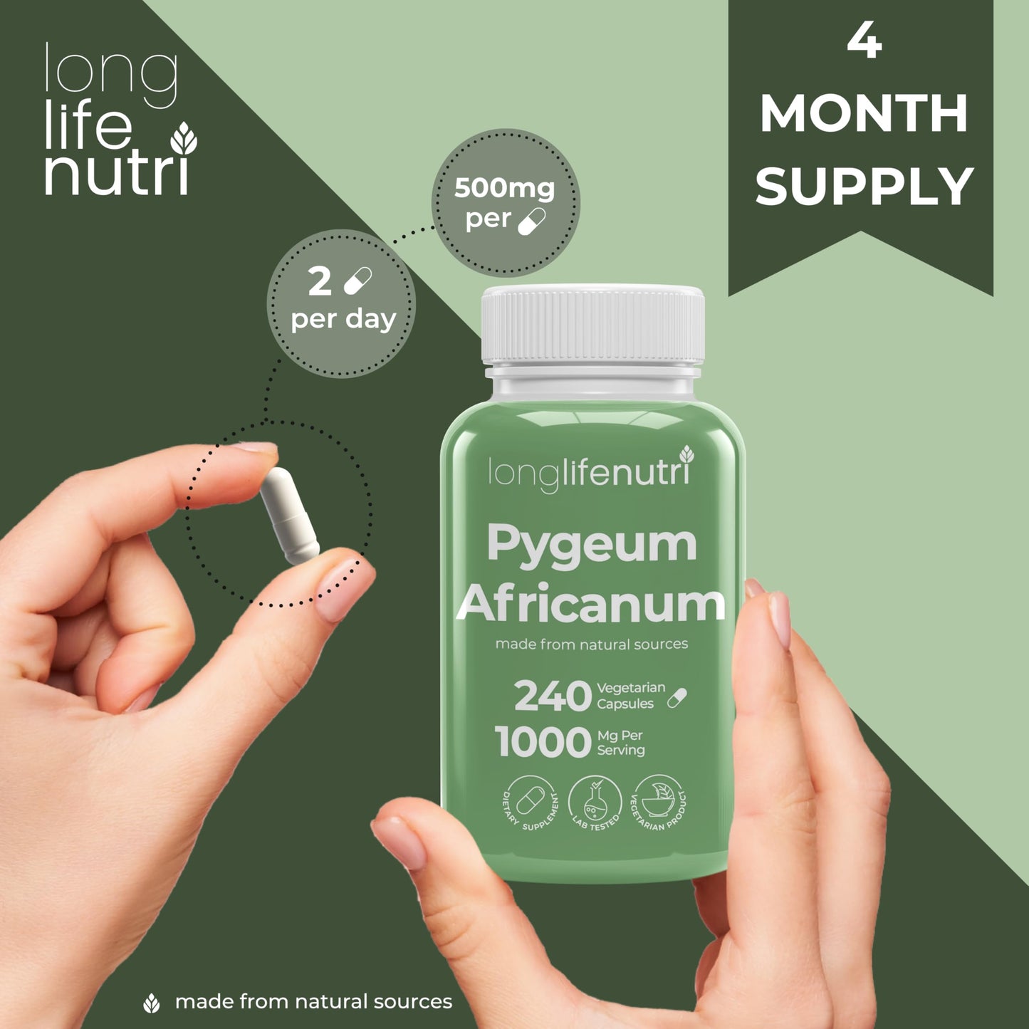 LongLifeNutri Pygeum Africanum Bark Extract Capsules 240 Count