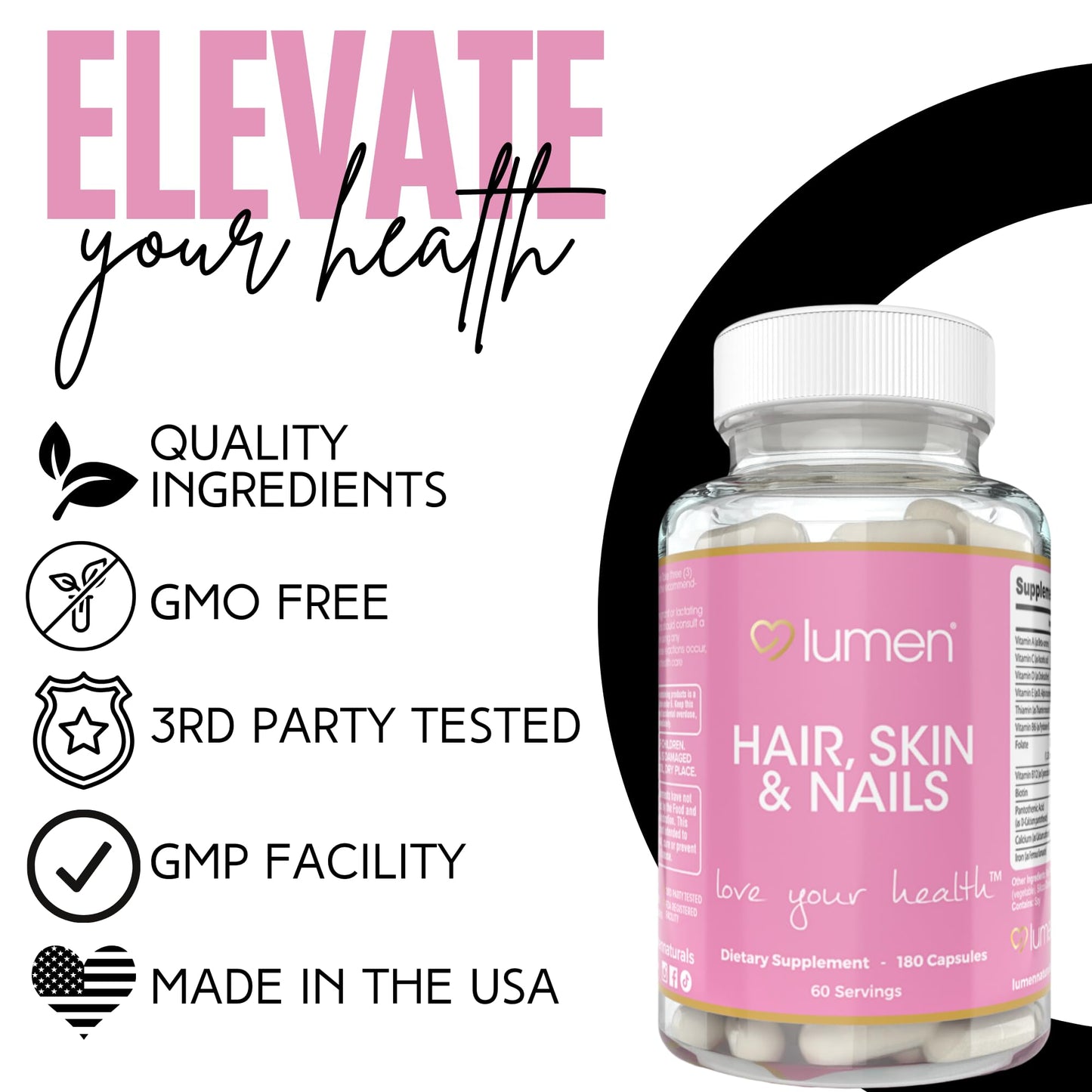 Lumen Naturals Hair, Skin & Nails for Women with Biotin, Folate, Vitamins B6, B12, A, C, D & E 180 Capsules