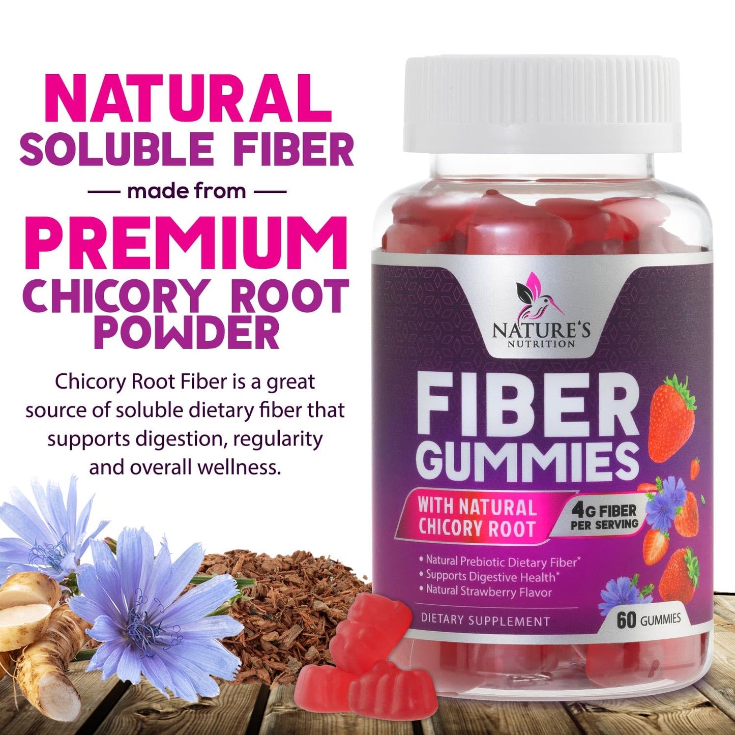Nature's Nutrition Fiber Gummies for Adults, Soluble Fiber 4g Per Serving - Plant-Based Prebiotic Fiber Supplement for Digestive Health, Gut Health, & Regularity Support - Vegan Berry Flavor, 60 Gummies