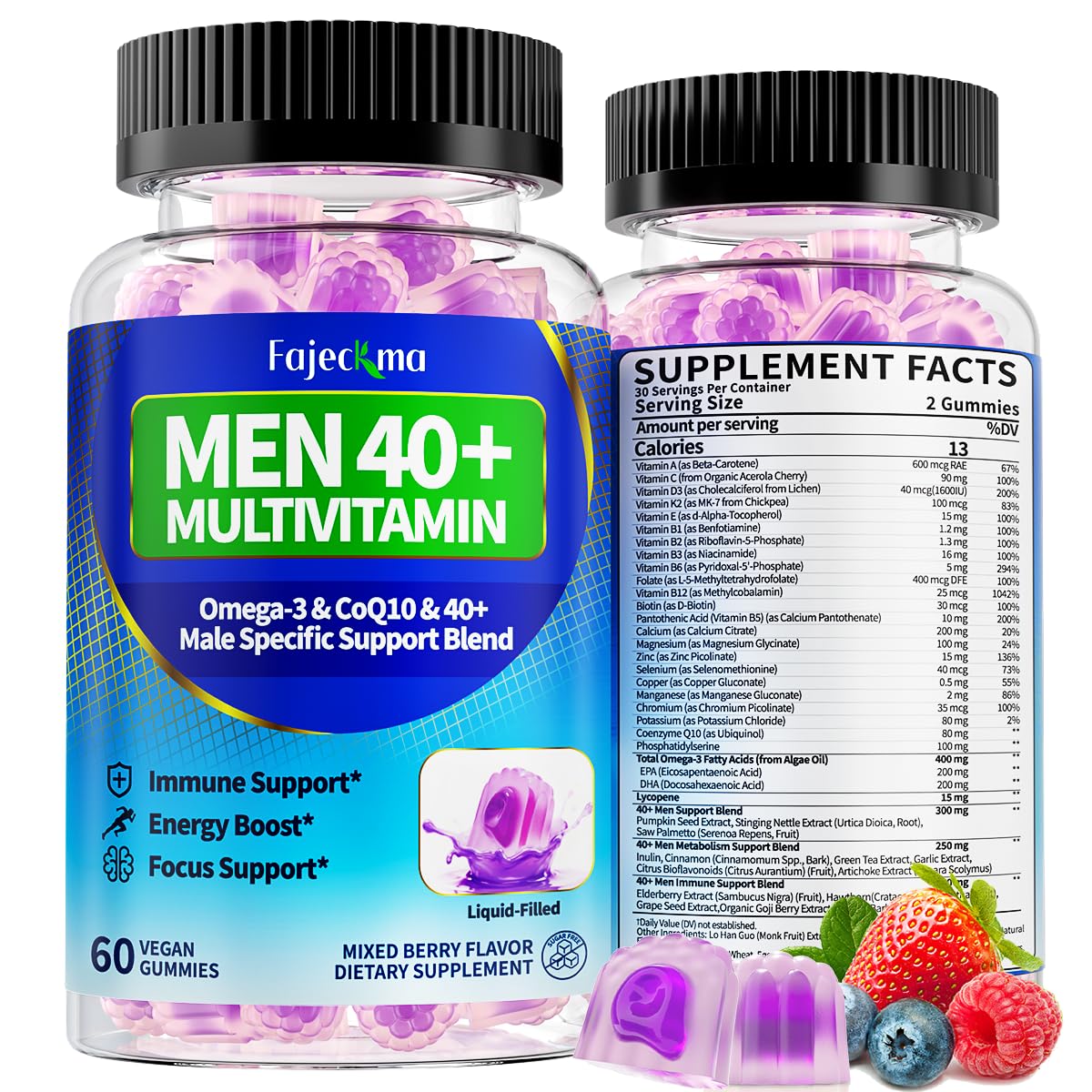 Fajeckma Mens Multivitamins Gummies for 40 Plus Chewable Sugar Free, 120 Count