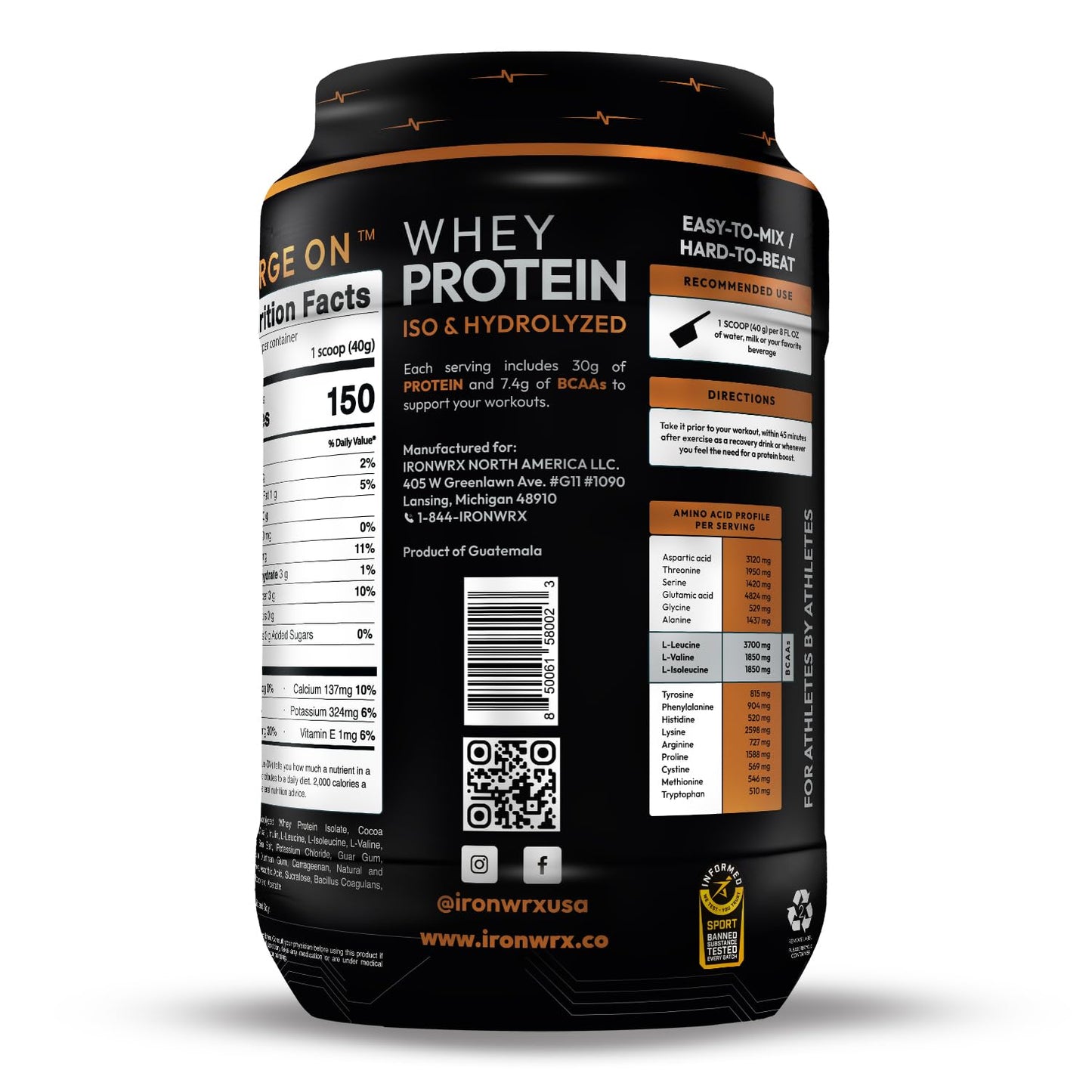 IRONWRX 100% Hydrolyzed Whey Protein Isolate Powder, Chocolate, Informed Sport Certified, Low Carb, Keto Friendly, Fast Absorbing, 31