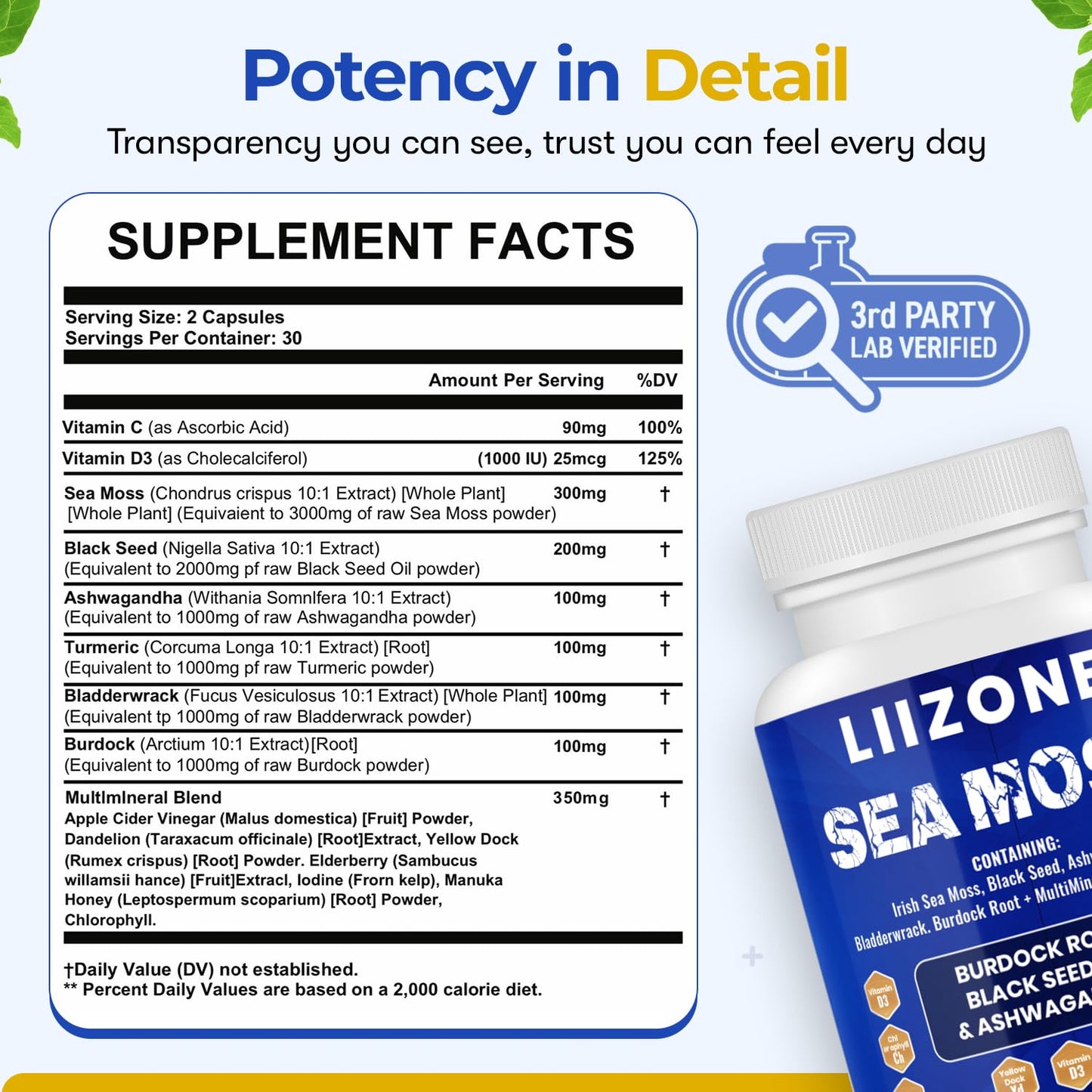 LIIZONE Complex Sea Moss Capsules with Ashwagandha, Turmeric & Vitamin C and Black Seed Oil Capsules for Immune Support, Joint & Gut Health, 60 Count Capsules