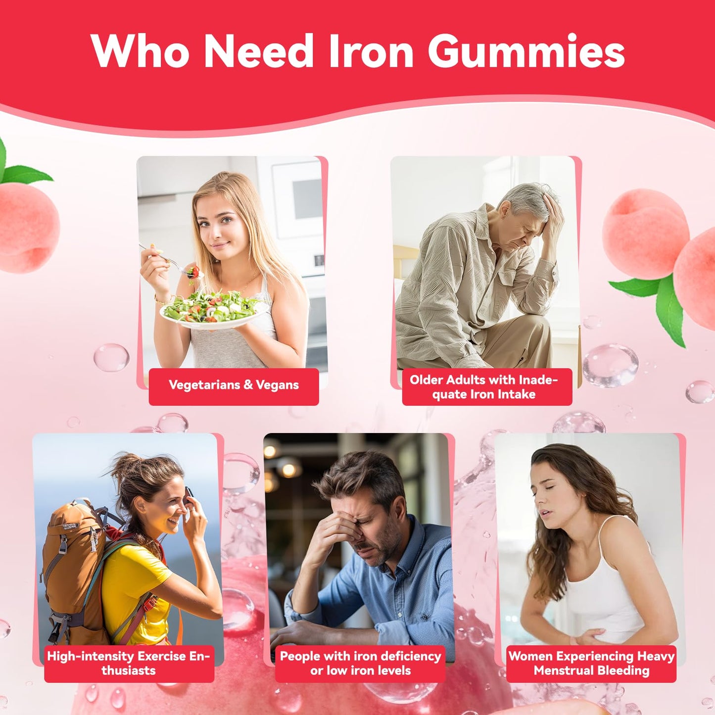 Agumoon Iron Gummies for Women & Men with Vitamin C, Folate, Vitamin B12, B6 & Zinc, Vegan, Peach Flavor, 60 Gummies