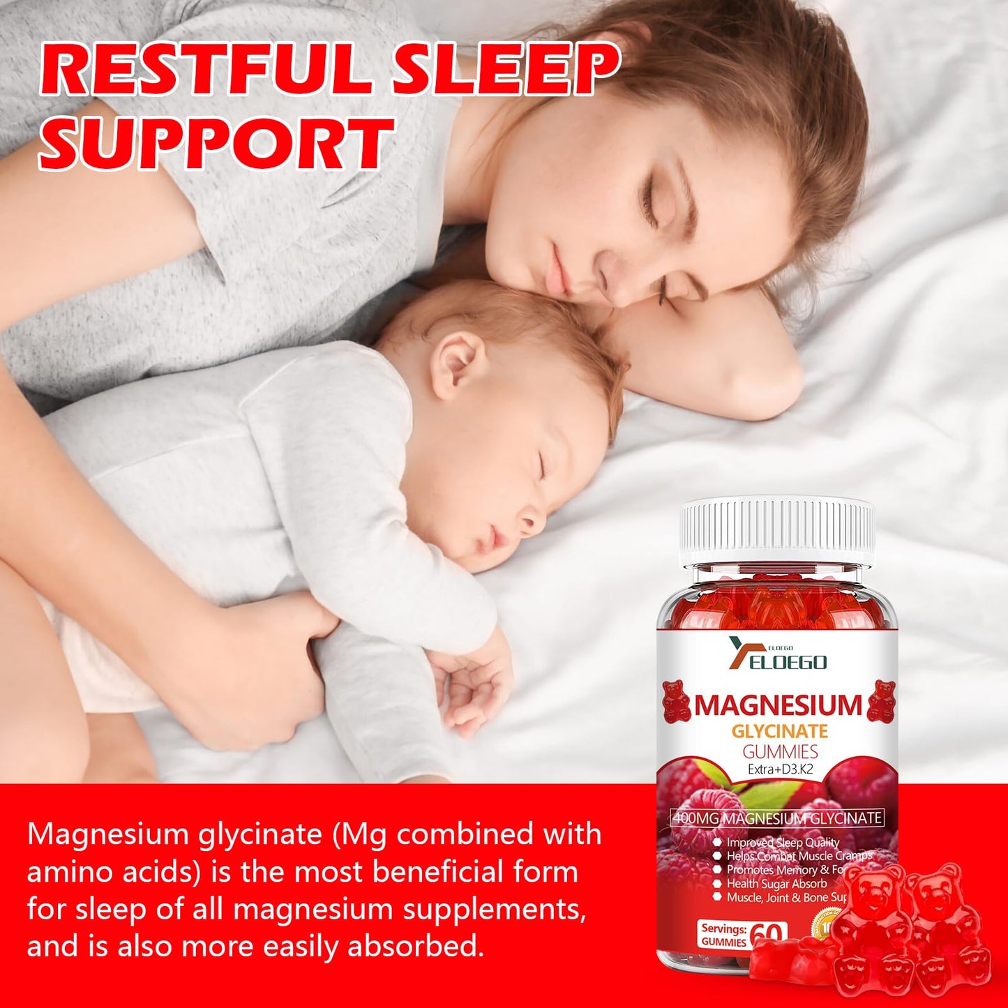 ELOEGO Magnesium Glycinate Gummies 600mg, 60 Count