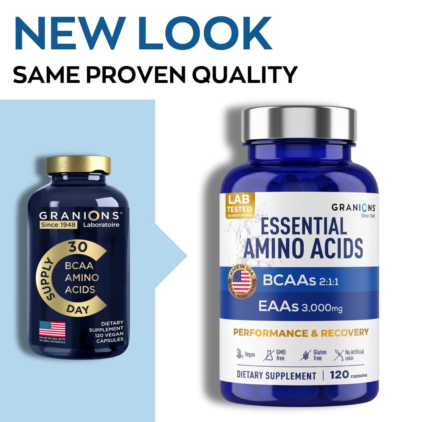 Granions Essential Amino Acids Supplement for Men & Women - All 9 BCAAs EAA Supplements - Leucine, Lysine, Tryptophan, Advanced Amino Complex for Energy & Muscle Recovery, 120 Vegan Capsules