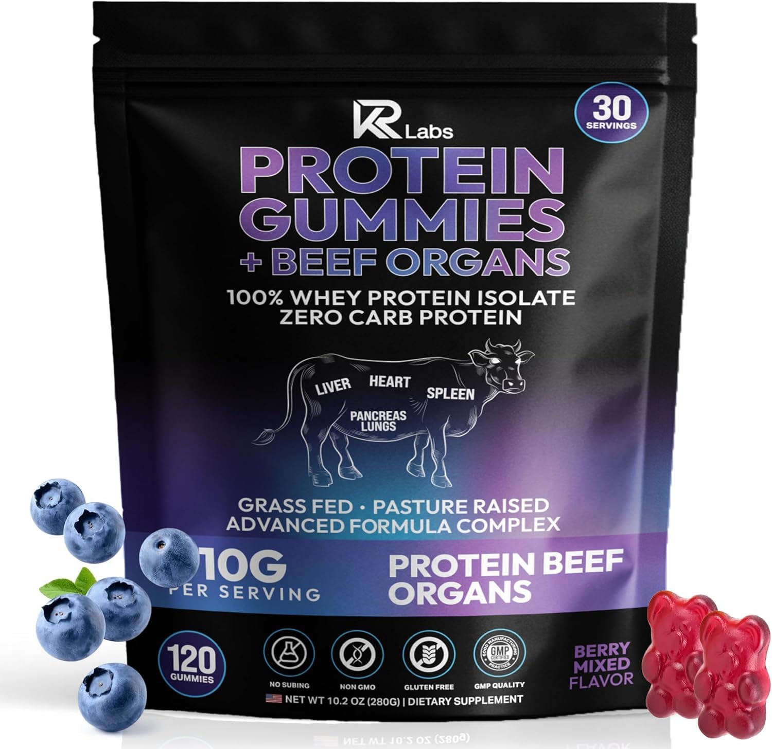KR Labs Grass-Fed Beef Whey Isolate Protein Gummies, Keto, Mixed Berry, Pack of 120