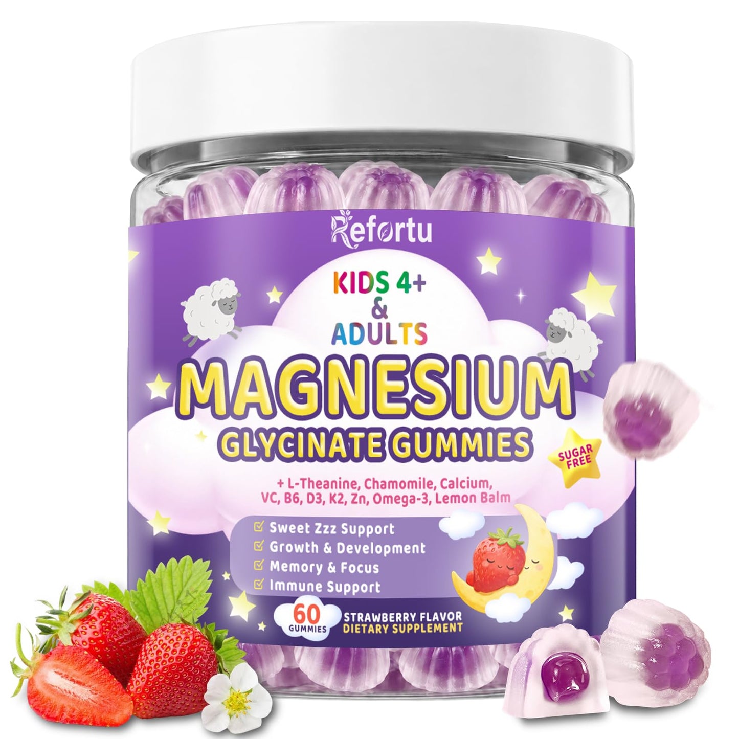 Refortu Magnesium Glycinate Gummies 400/200mg for Kids & Adults, Melatonin Free, 60 Count