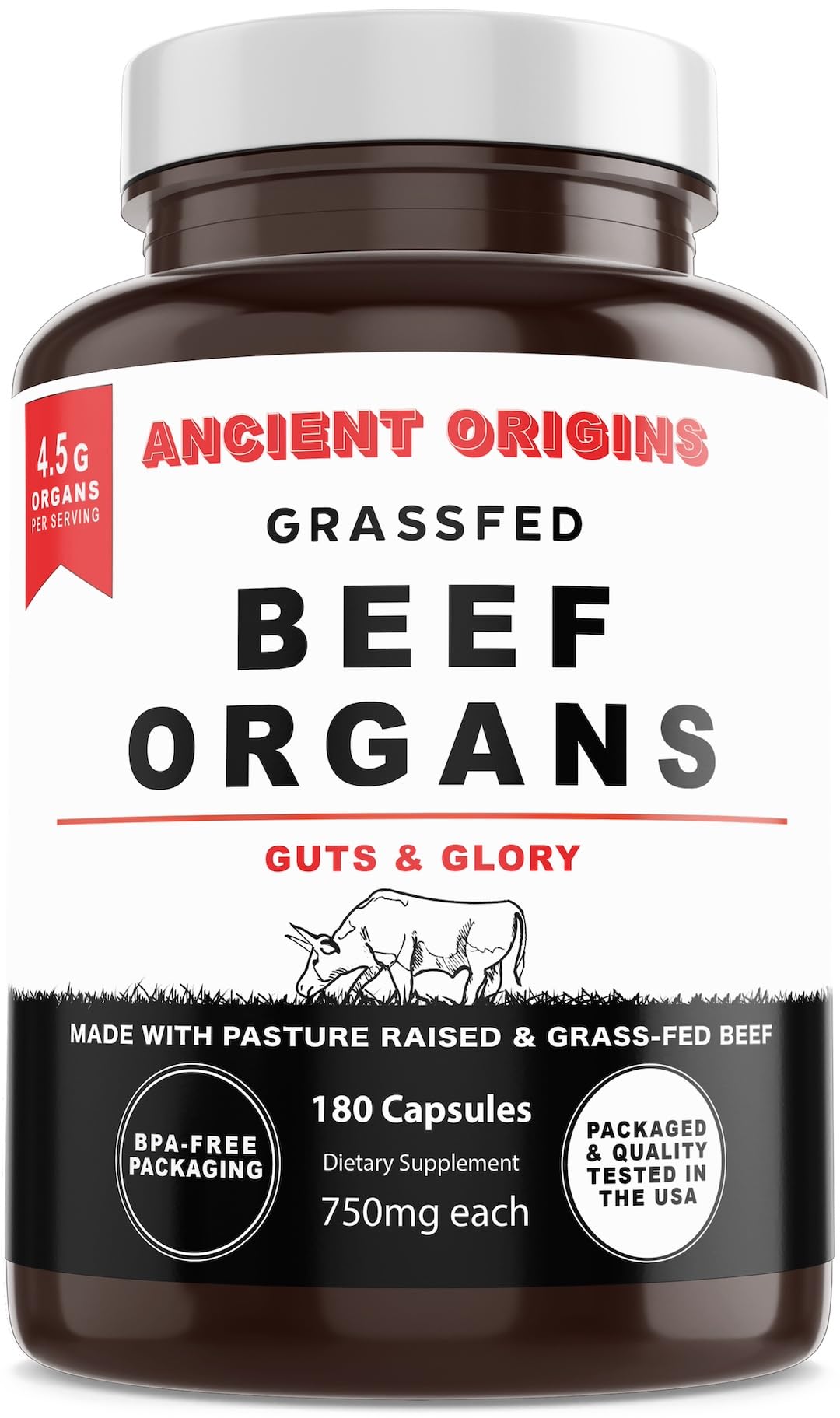 Ancient Origins Grass Fed Beef Organs Supplement 4500 mg Desiccated Liver, Bone Marrow, Heart, Spleen, Pancreas & Kidney Capsules, 180