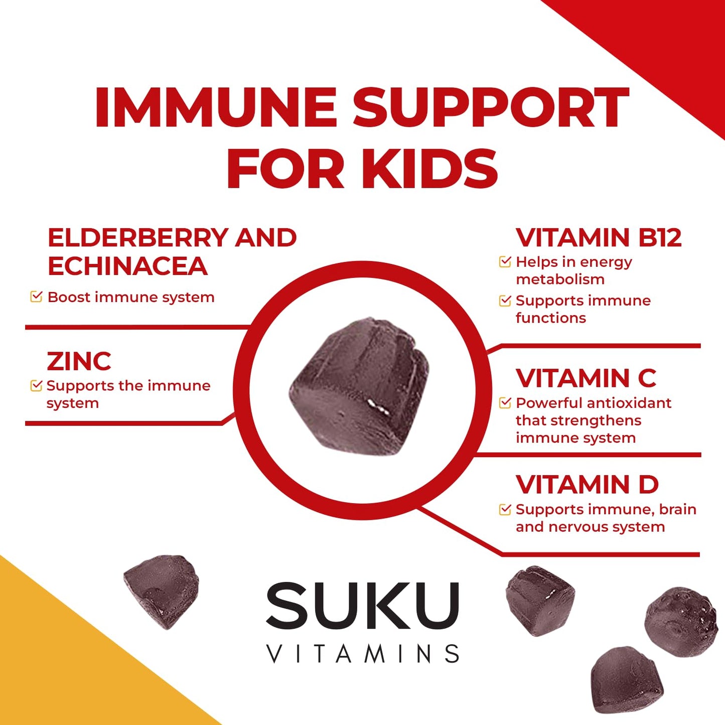SUKU Kids Super Immunity Gummies with Elderberry, Echinacea, Vitamin A and Zinc for Immune Support - Easy to Chew - Non-GMO, Gluten Free, Sugar Free - Pomegranate Lime Gummy Vitamins, 50 Count