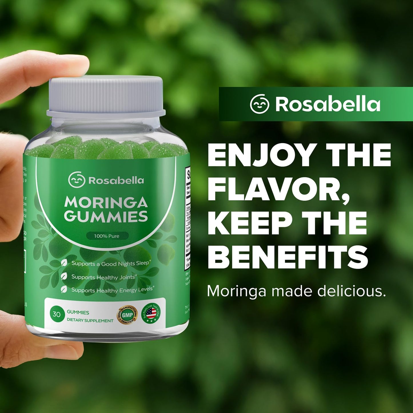 Rosabella Moringa Gummies Moringa Leaf Extract 1000mg Equivalent Per Serving, Natural Energy & Balance, Non-GMO, Gluten-Free, 30 Count