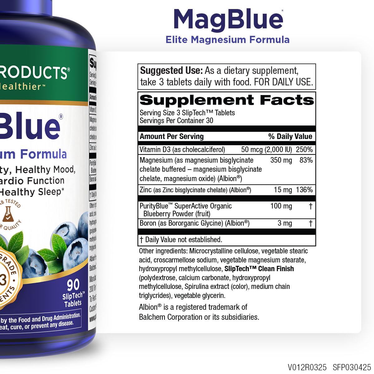 Purity Products MagBlue Magnesium Bisglycinate Buffered & More, 90 Tablets