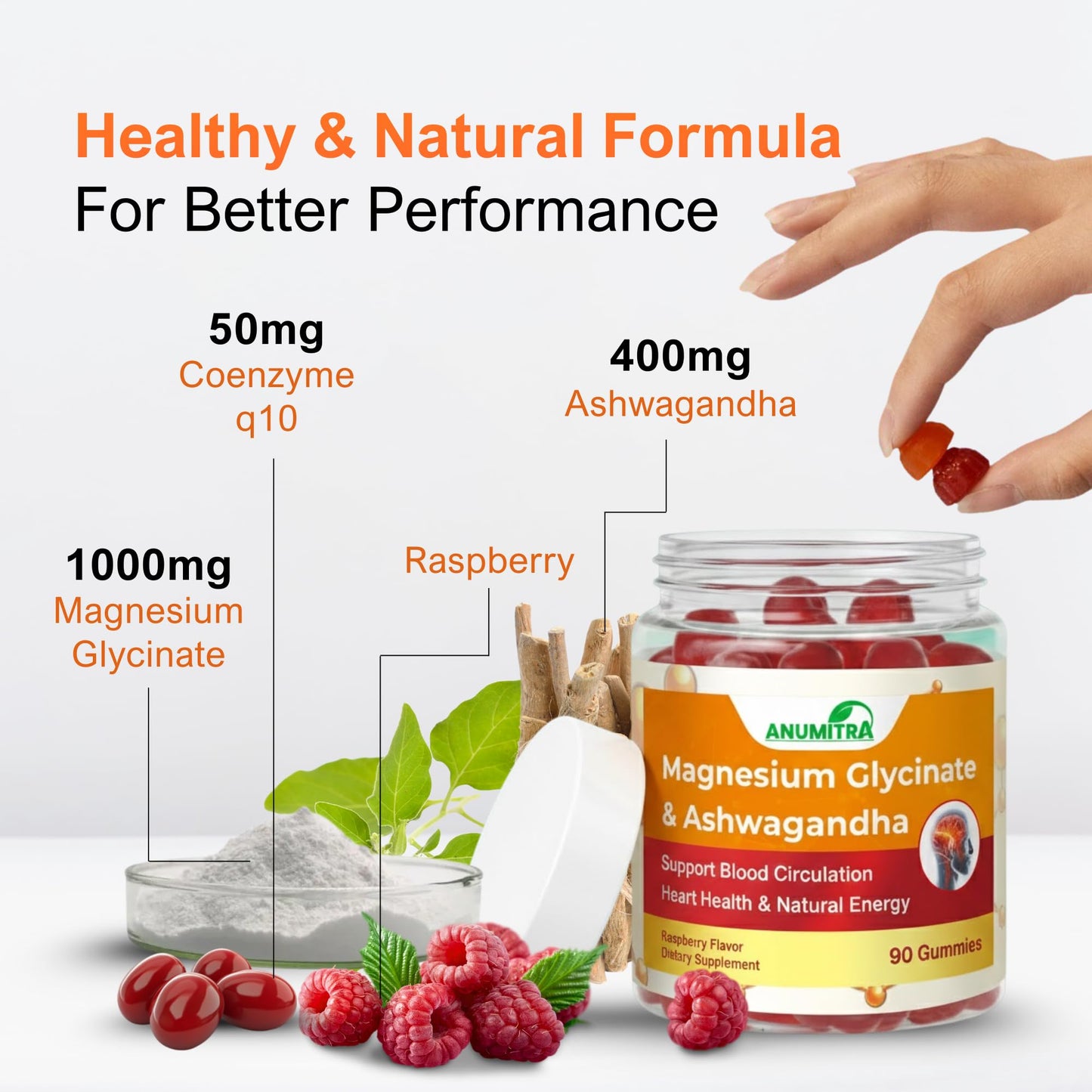 ANUMITRA Magnesium Glycinate 1000mg Gummies with Ashwagandha & CoQ10, High Absorption Vegan, Sleep & Calm Support, Raspberry Flavor, 90 Gummies