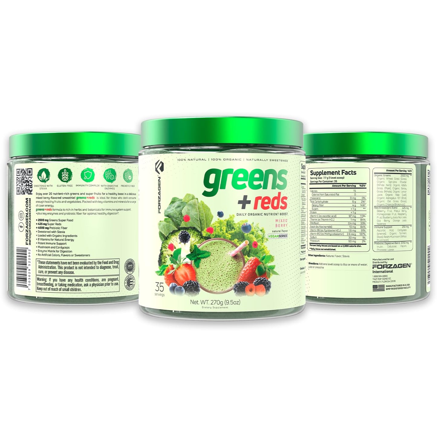 Forzagen Organic Vegan Greens & Reds Superfood Powder, 9.52 oz