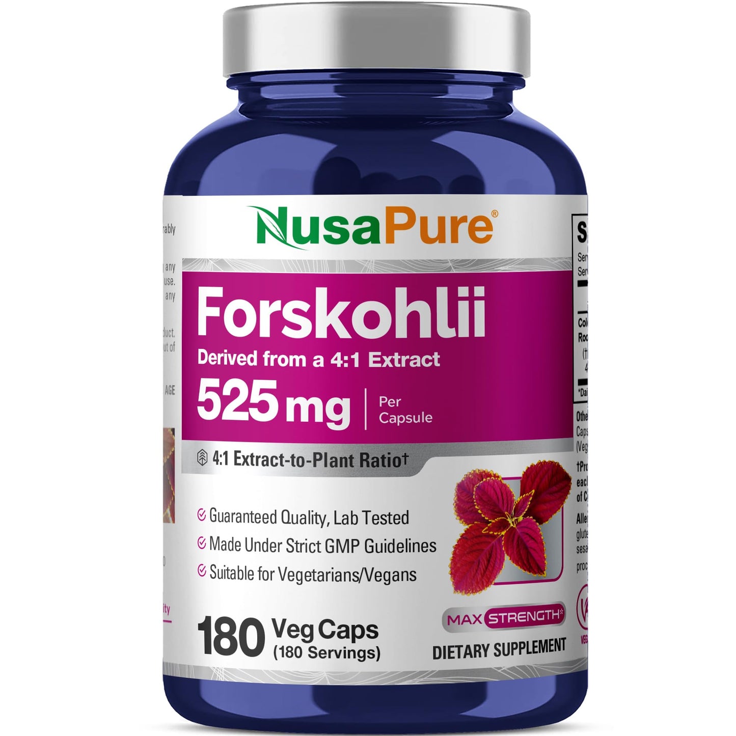 NusaPure Forskohlii 525mg Capsules, Non-GMO, Vegan, 180 Count