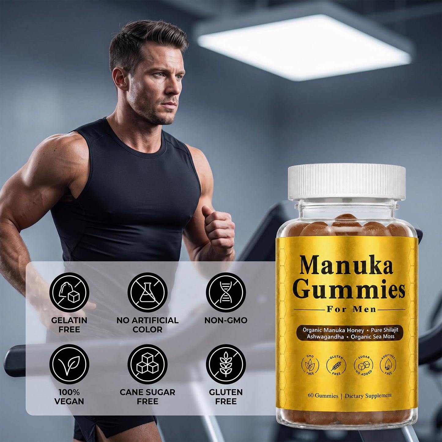 Plutarn Manuka Honey for Men, with Shilajit, Ashwagandha, Sea Moss 60 Gummies