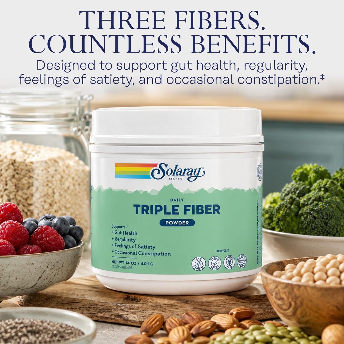Solaray Triple Fiber Powder Daily Fiber Supplement with Prebiotics - Unflavored, Vegan, Gluten Free, 14 oz