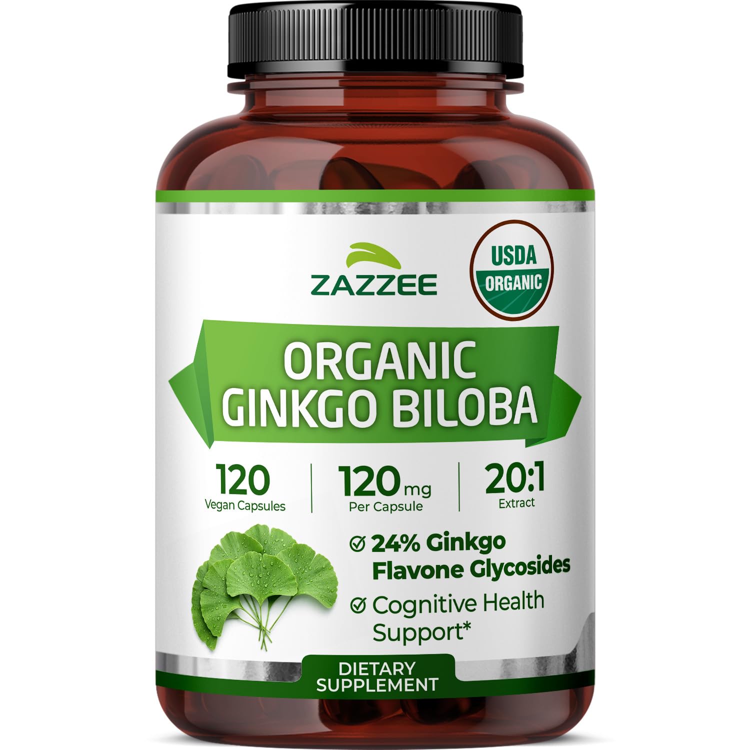 Zazzee Ginkgo Biloba 20:1 Extract Vegan Capsules, 120 Count
