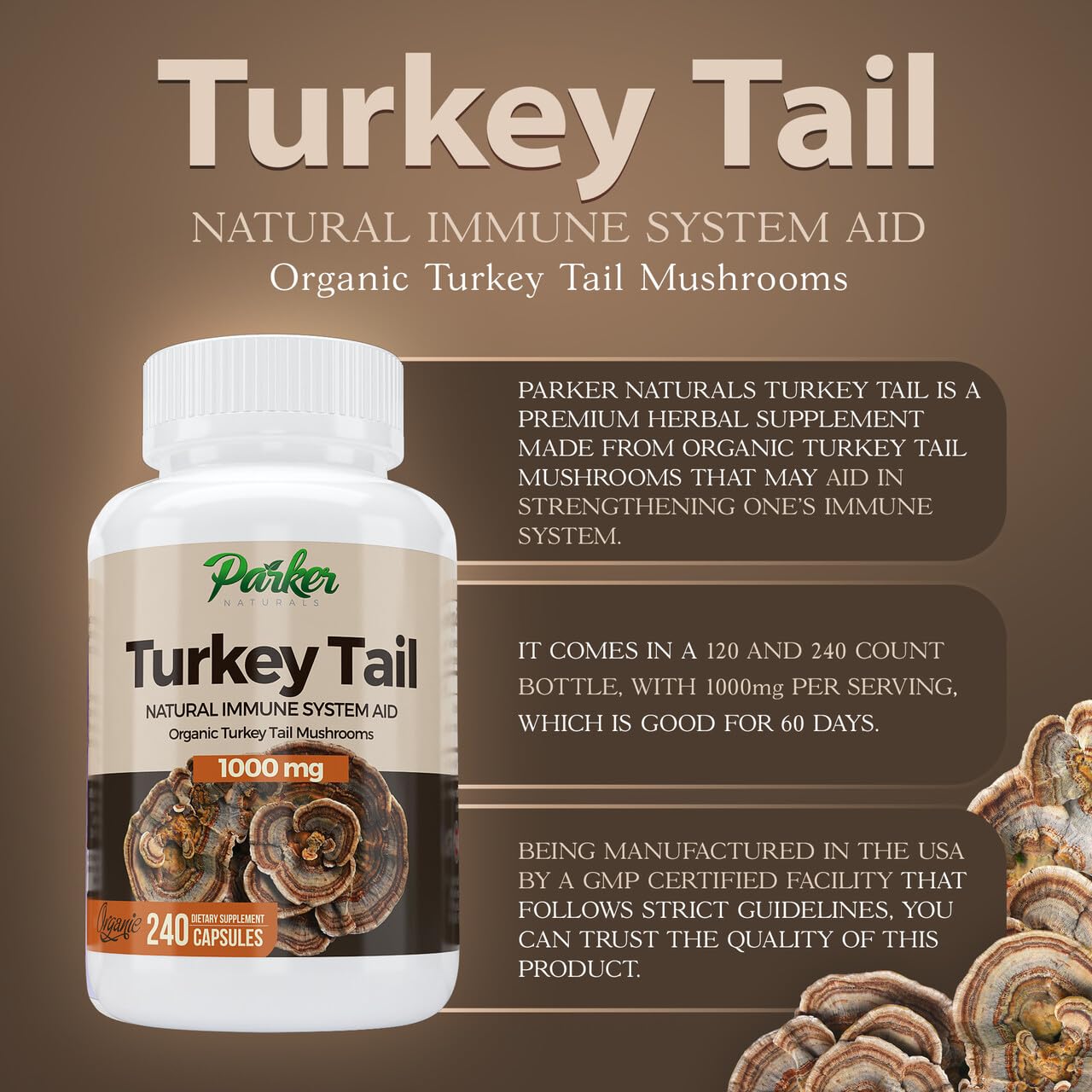 Parker Naturals Turkey Tail Mushroom Capsules 240 Capsules