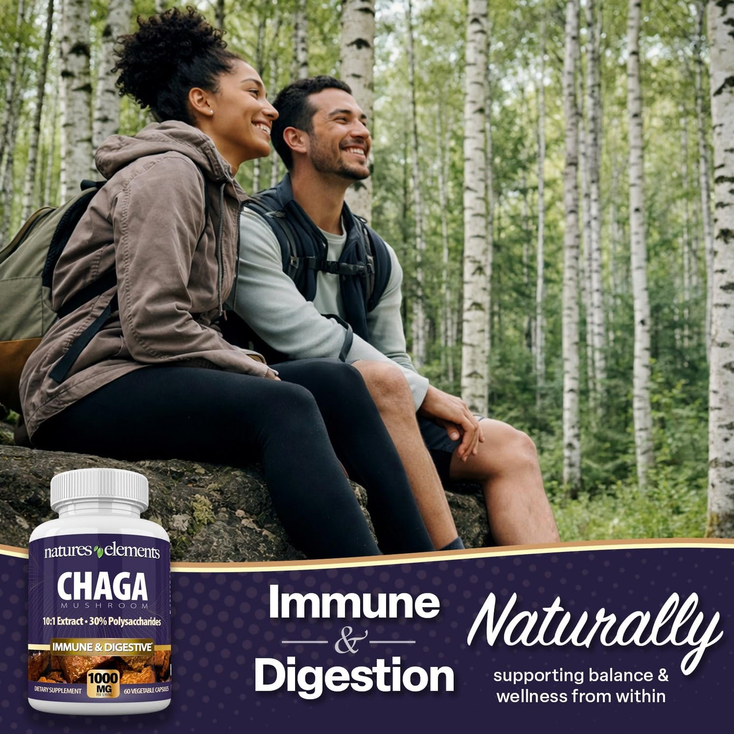 Natures Elements Chaga Mushroom – 10:1 Standardized Extract with 30% Polysaccharides – 1,000mg Per Serving – 60 Veggie Capsules – Supports Immune Health, Non-GMO, Gluten-Free