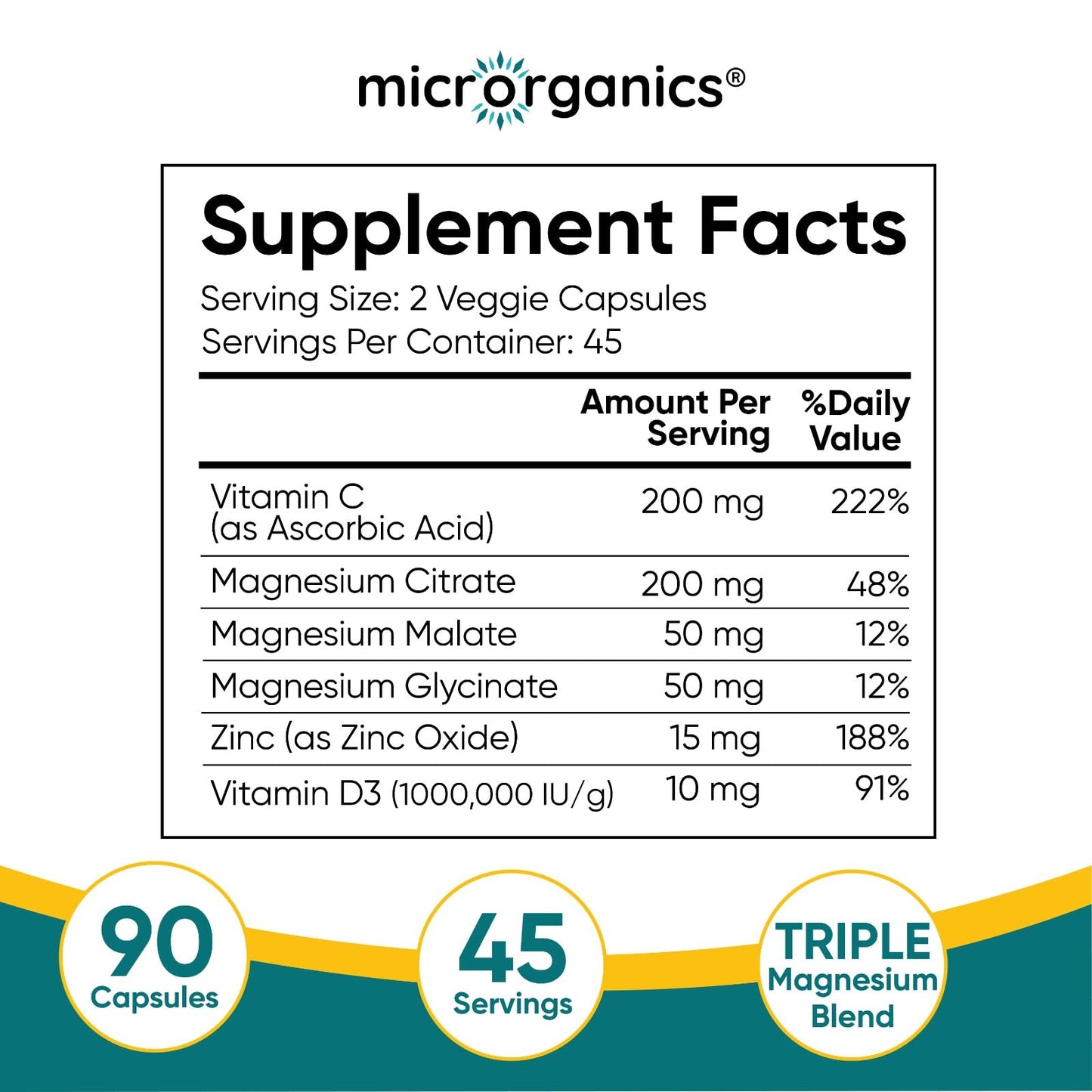 MICRORGANICS Magnesium Complex Capsules with Vitamin C, D3 & Zinc – 525 mg per Serving – 90 Vegan Capsules