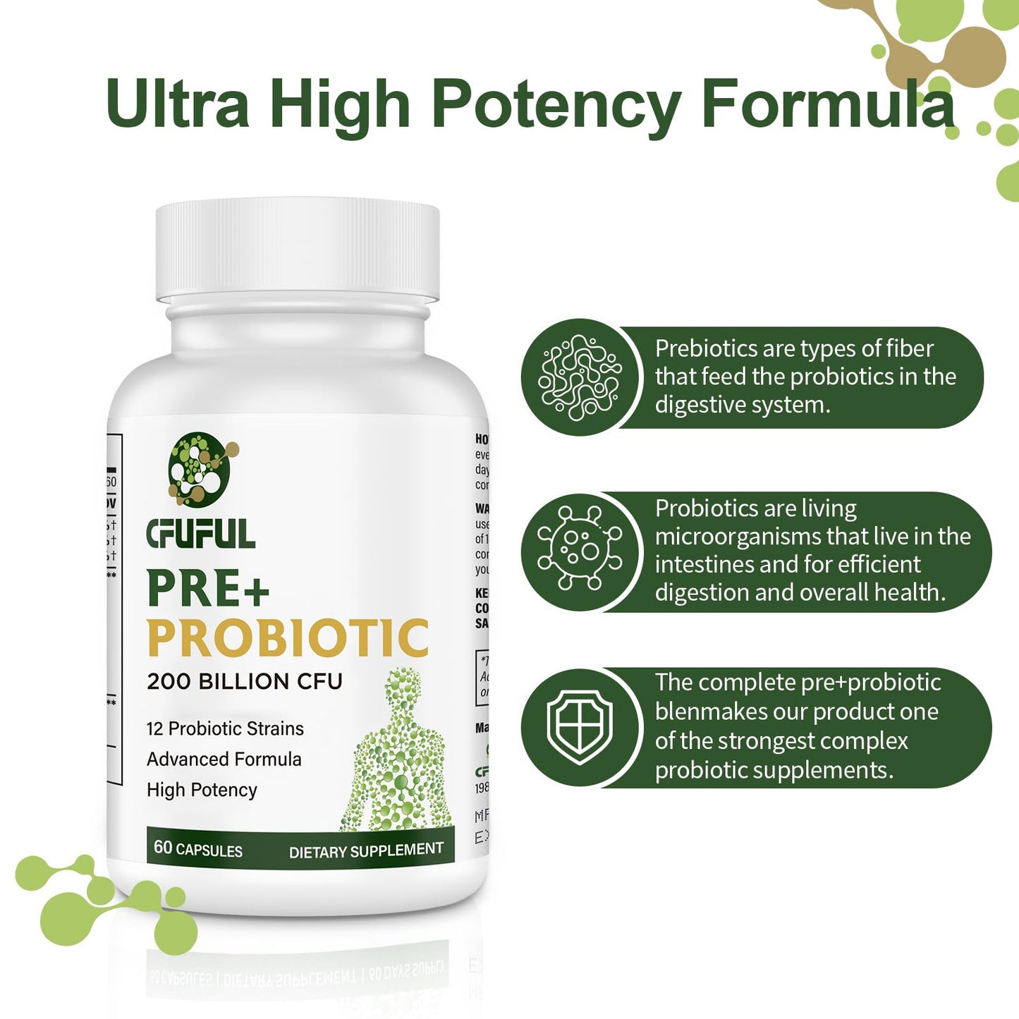 Cfuful Probiotics for Women & Men, 200 Billion CFU, 12 Strains with 3 Organic Prebiotics for Digestive Health, Capsule, 60 Count